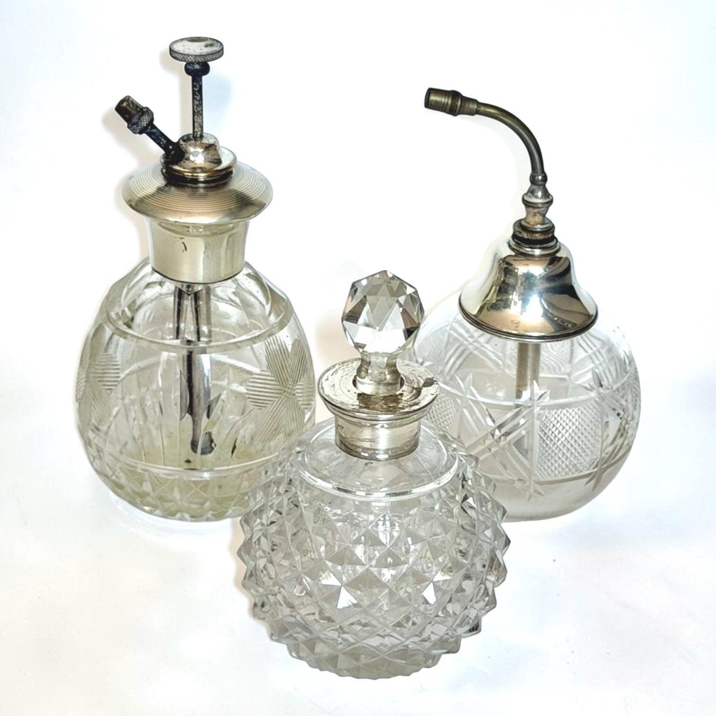Antique Sterling Silver Crystal Vanity Set Edwardian Perfume Bottles atomizer Cut Glass Dressing Table Set, 3