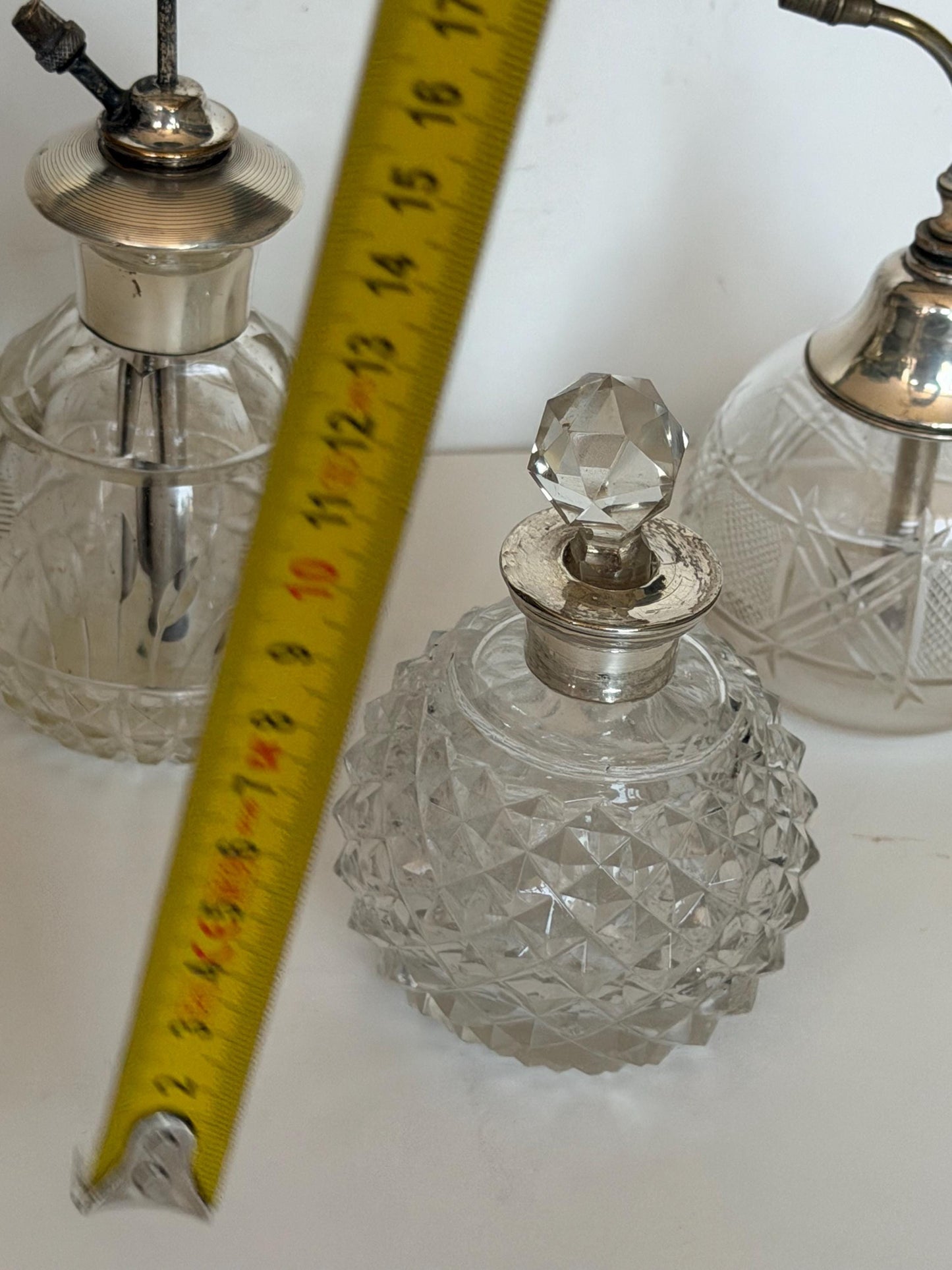 Antique Sterling Silver Crystal Vanity Set Edwardian Perfume Bottles atomizer Cut Glass Dressing Table Set, 3