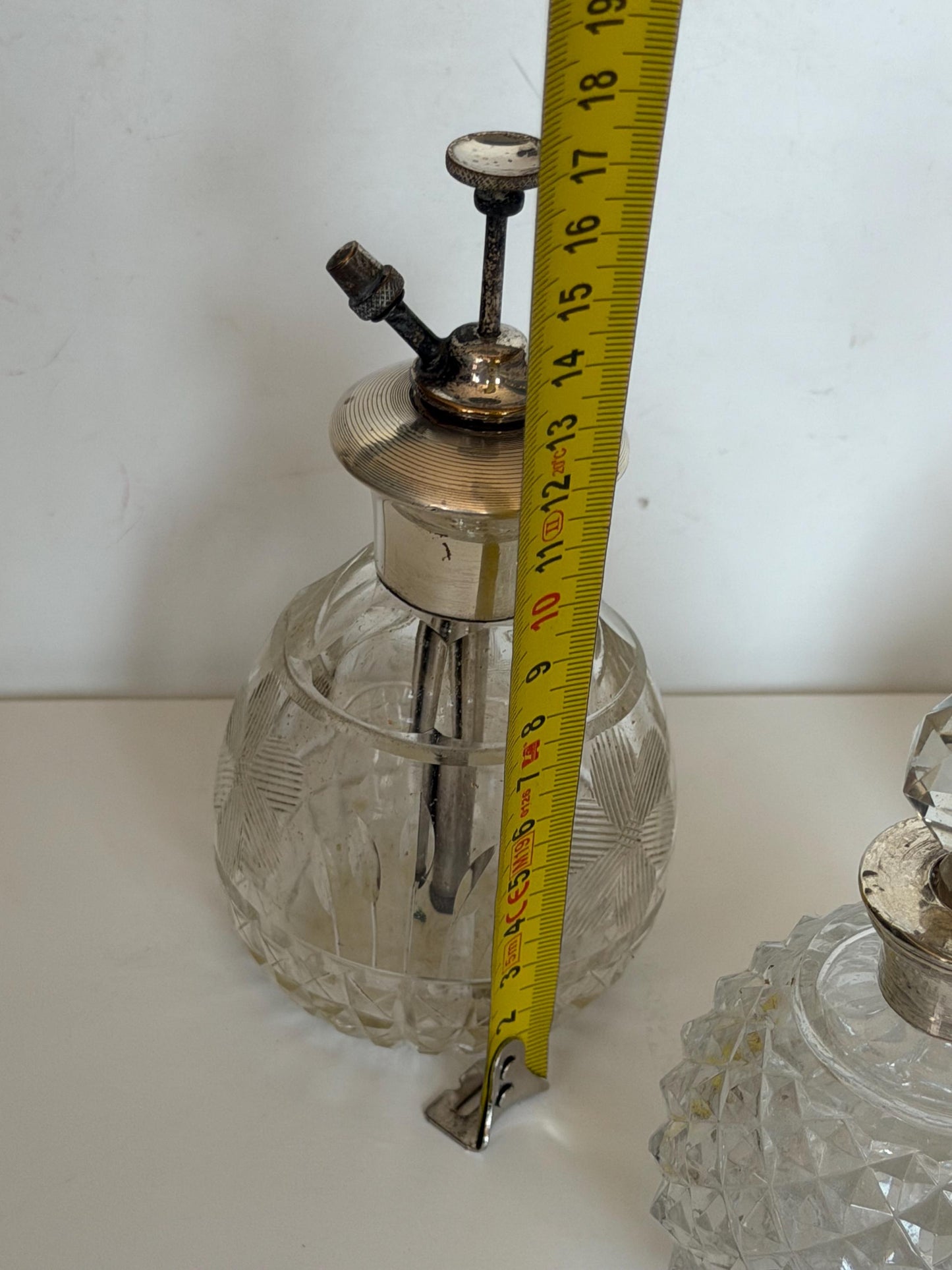 Antique Sterling Silver Crystal Vanity Set Edwardian Perfume Bottles atomizer Cut Glass Dressing Table Set, 3