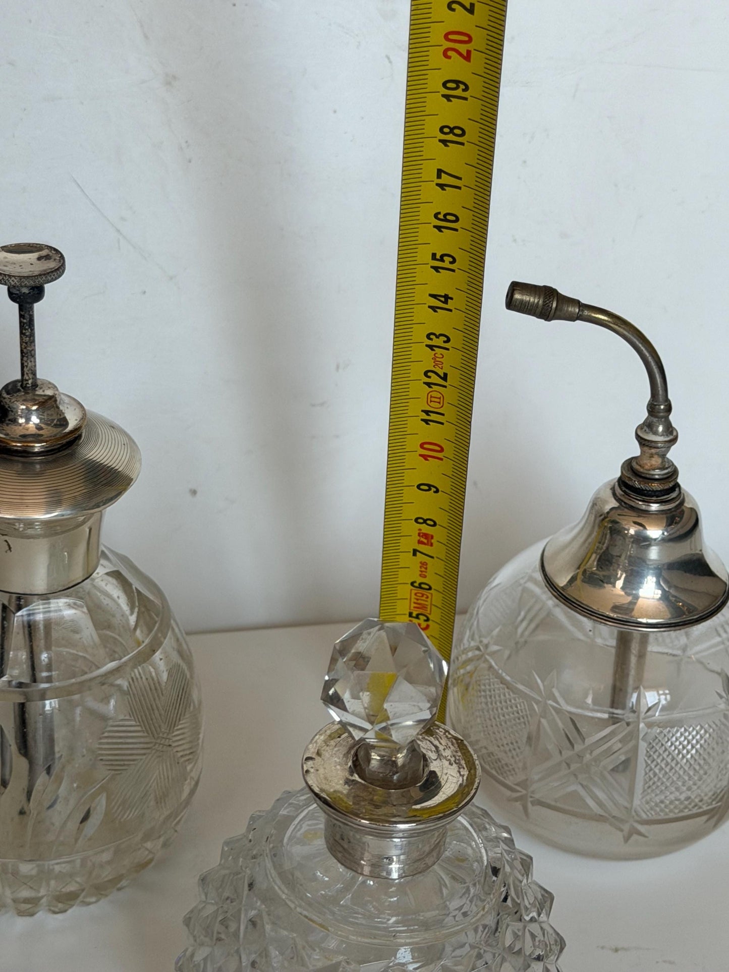 Antique Sterling Silver Crystal Vanity Set Edwardian Perfume Bottles atomizer Cut Glass Dressing Table Set, 3