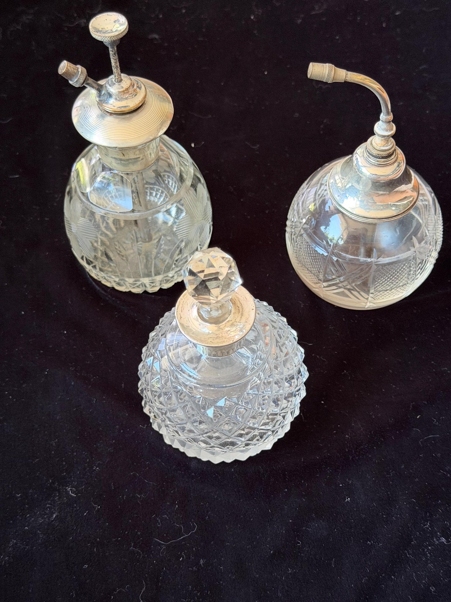Antique Sterling Silver Crystal Vanity Set Edwardian Perfume Bottles atomizer Cut Glass Dressing Table Set, 3