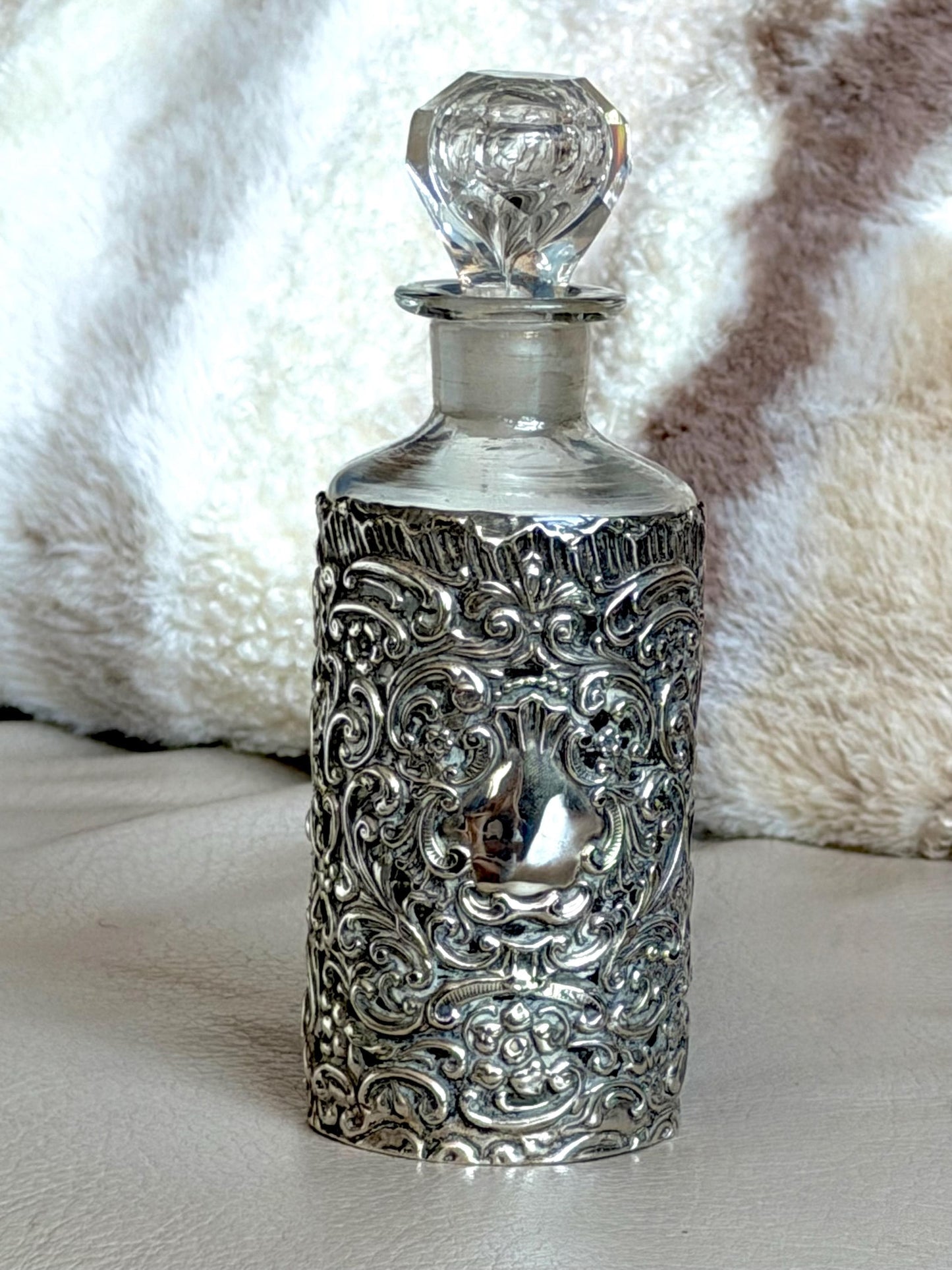 Antique Silver Crystal Edwardian Perfume Bottle Cut Glass Dressing table collectable