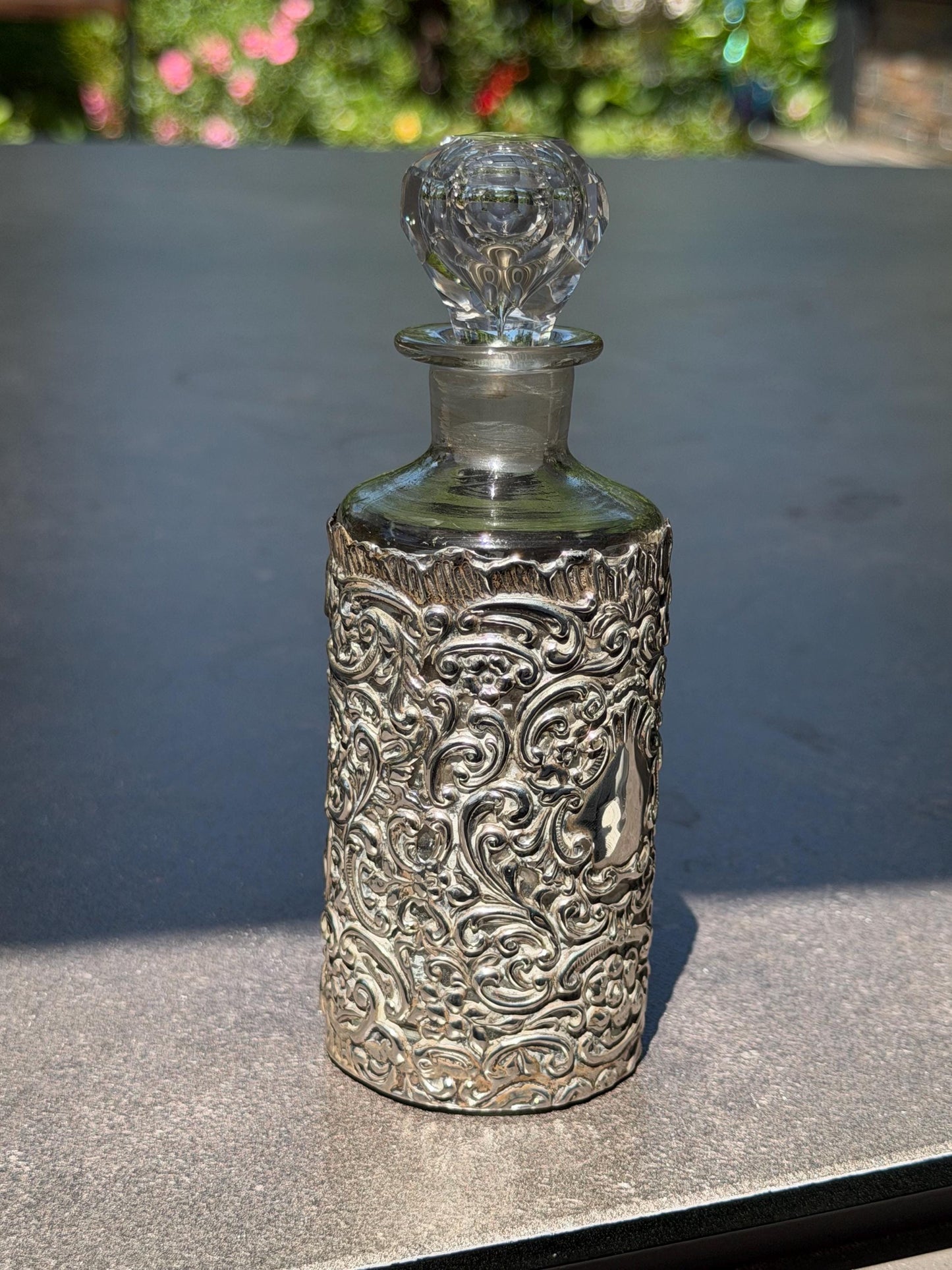Antique Silver Crystal Edwardian Perfume Bottle Cut Glass Dressing table collectable
