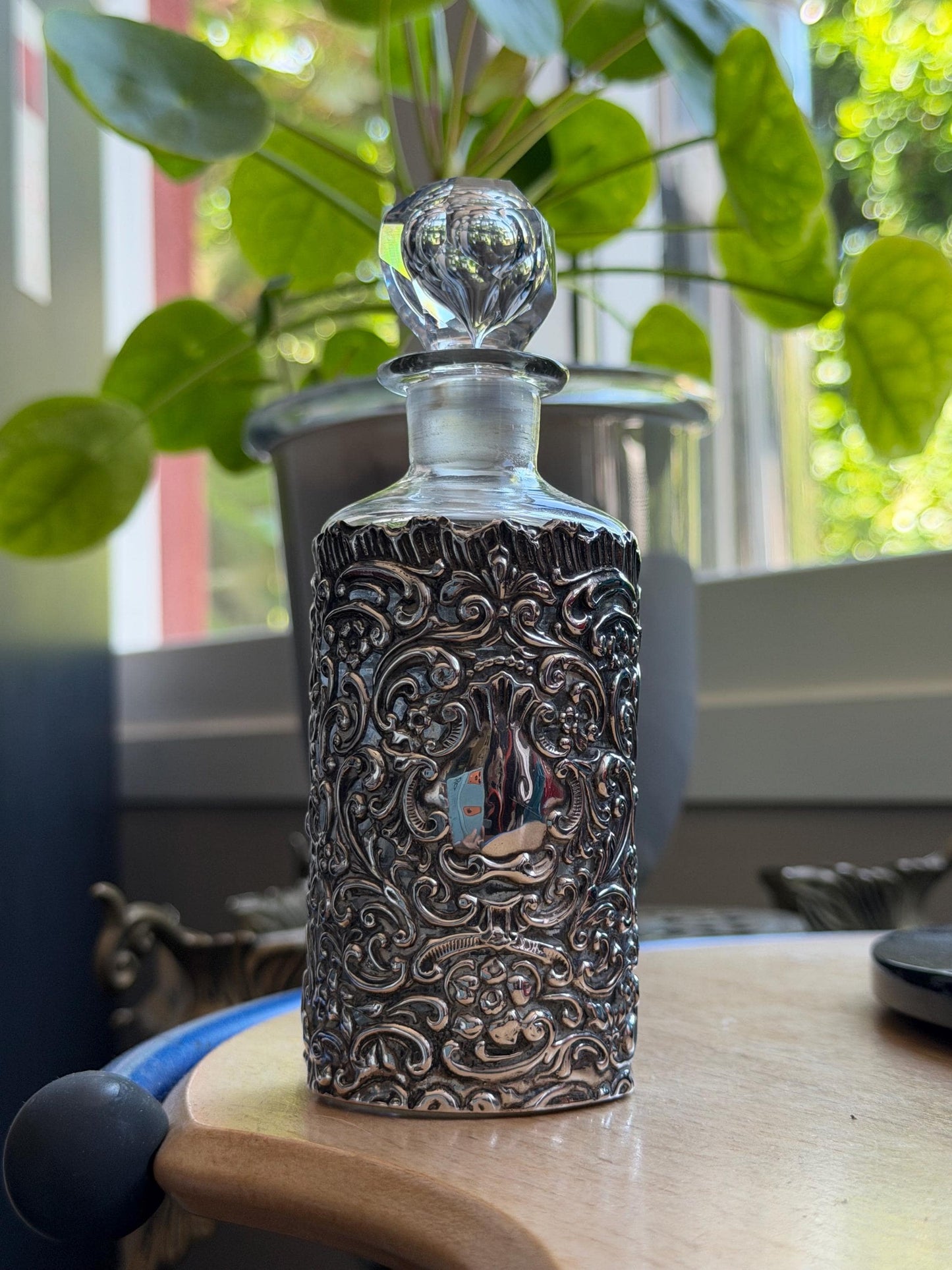 Antique Silver Crystal Edwardian Perfume Bottle Cut Glass Dressing table collectable