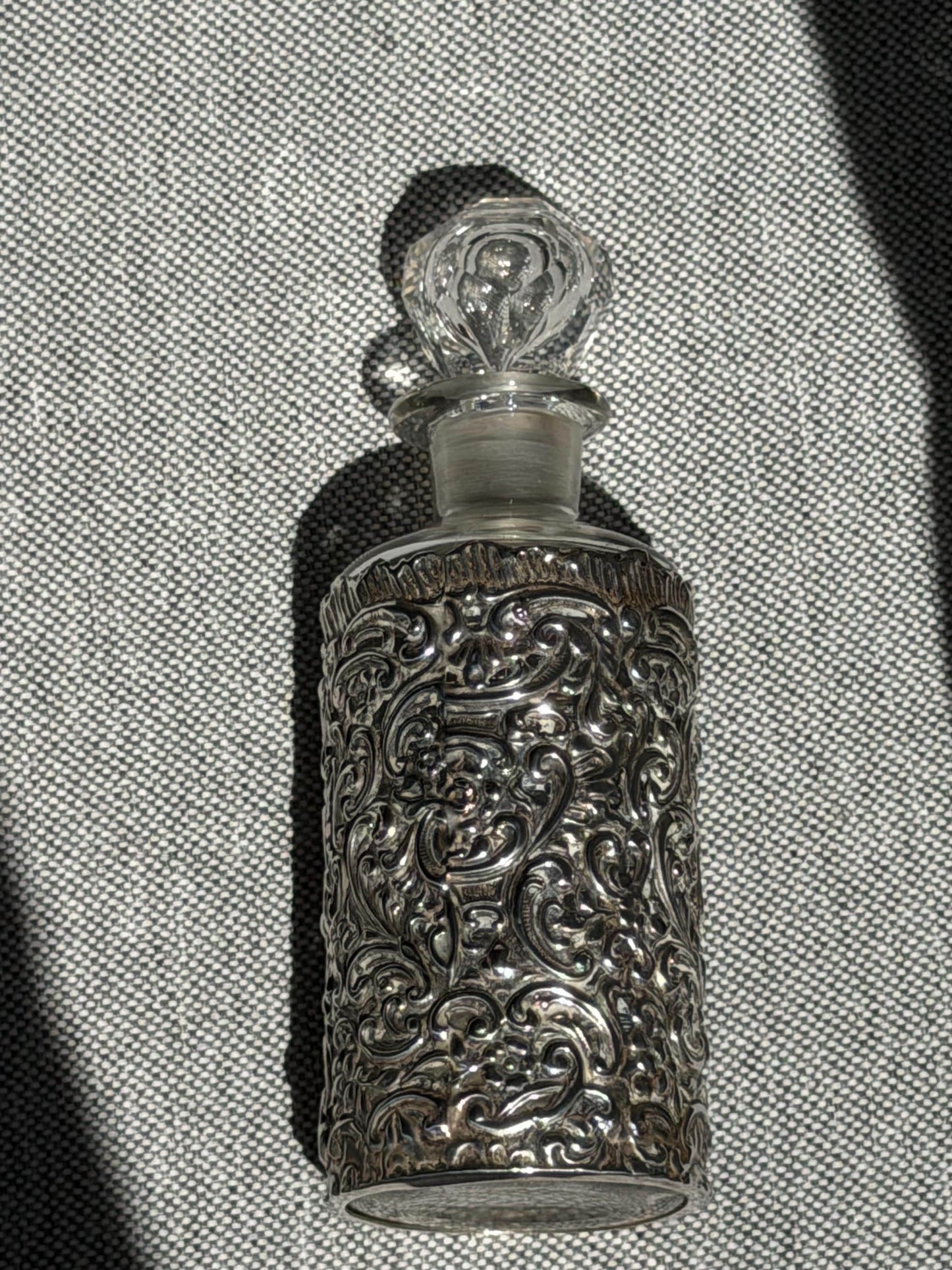 Antique Silver Crystal Edwardian Perfume Bottle Cut Glass Dressing table collectable