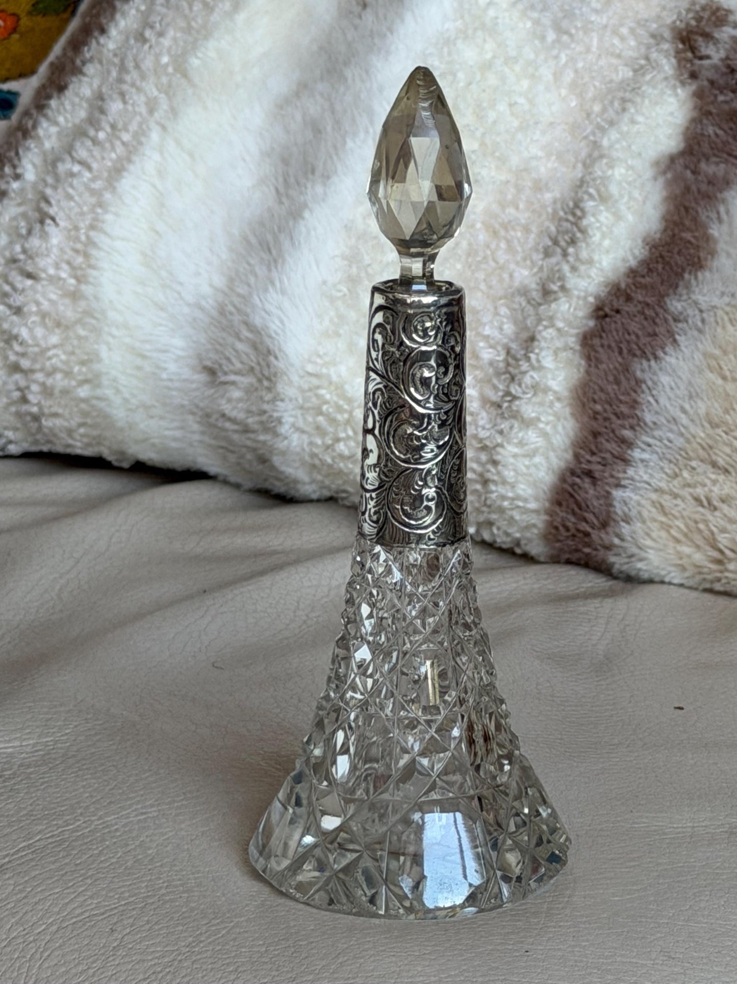 Antique Silver Crystal Edwardian Perfume Bottle Cut Glass Dressing table collectable