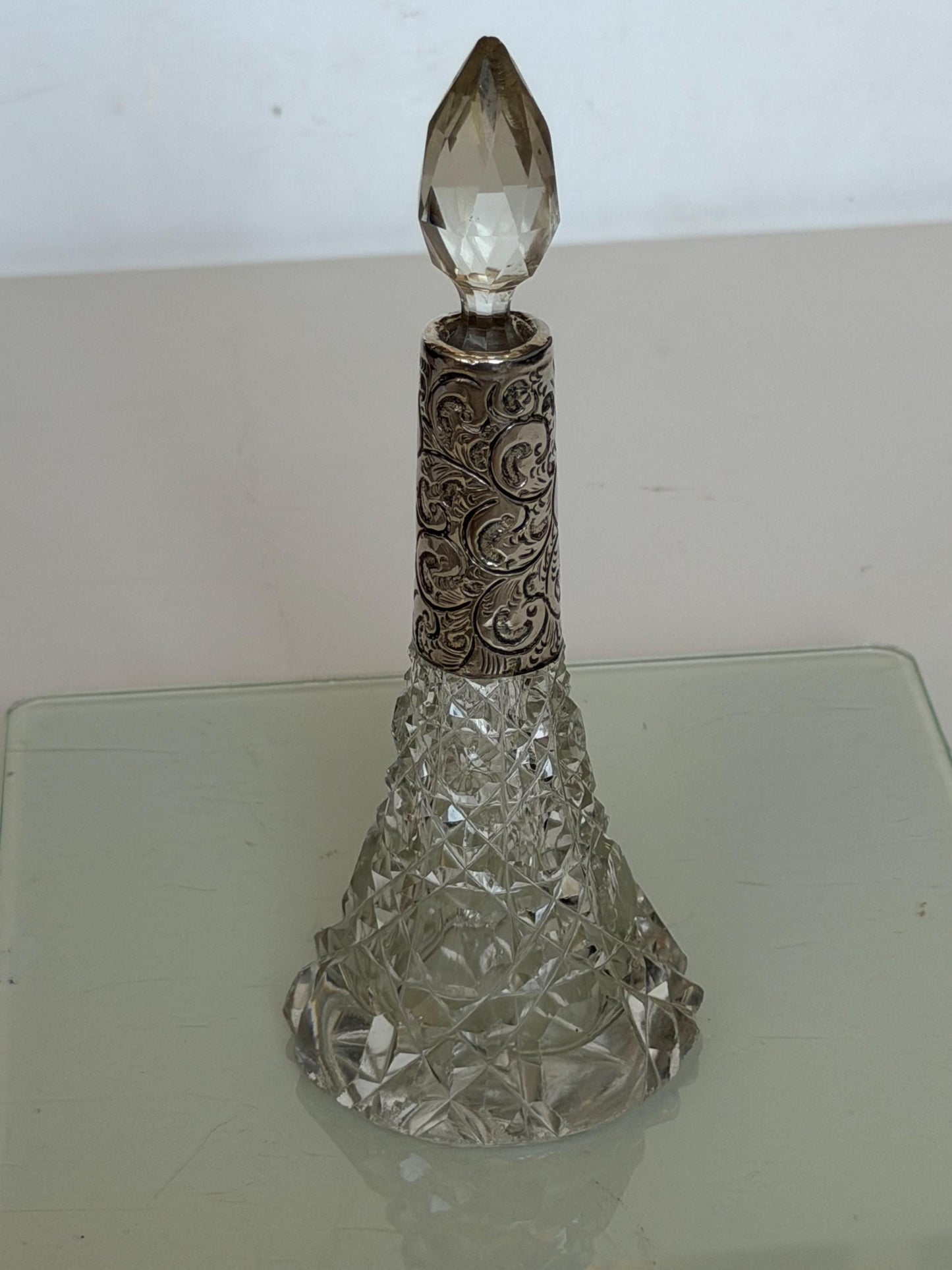 Antique Silver Crystal Edwardian Perfume Bottle Cut Glass Dressing table collectable
