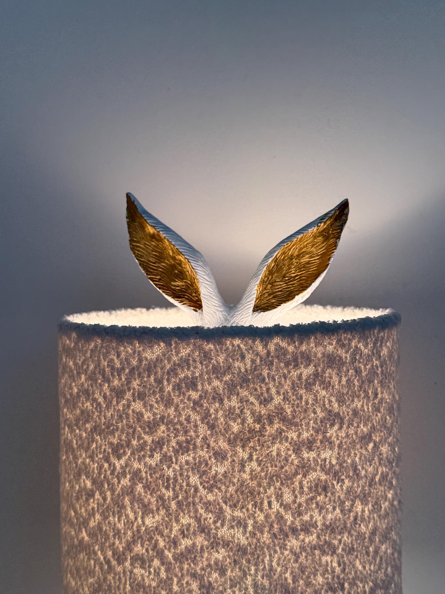 White Rabbit Table Lamp with Gold Ears, Nursery Decor hare, fluffy hood