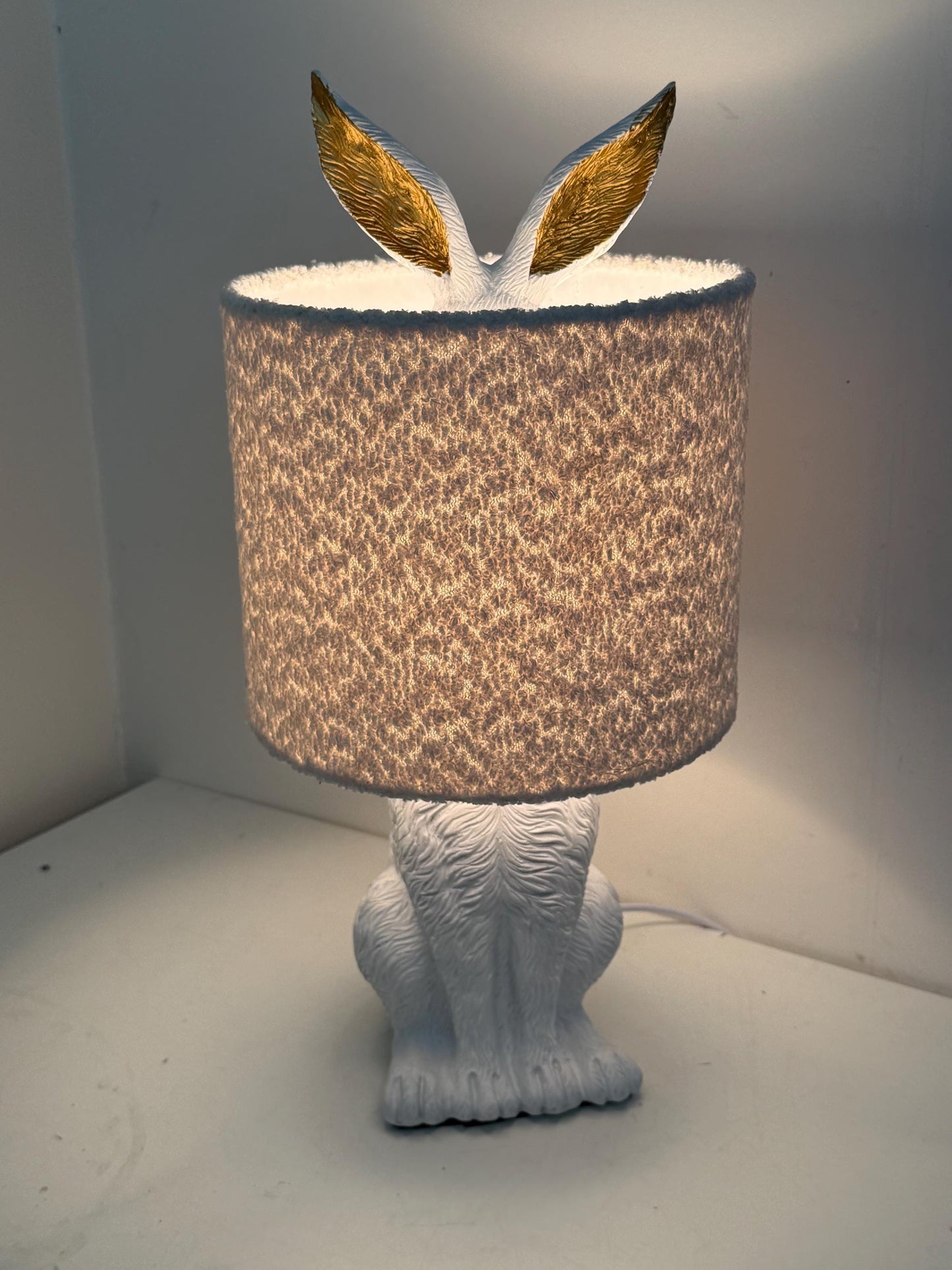 White Rabbit Table Lamp with Gold Ears, Nursery Decor hare, fluffy hood