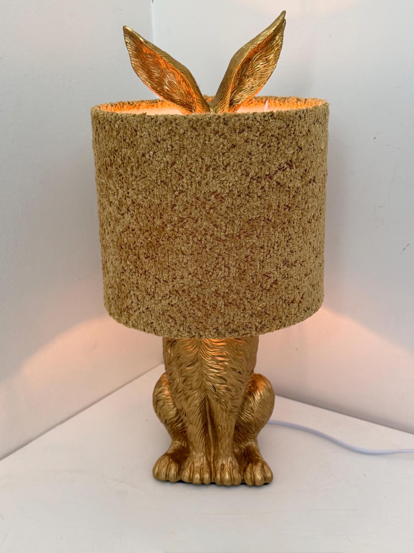 gold Rabbit Table Lamp with Gold Ears, Nursery Decor hare, fluffy hood