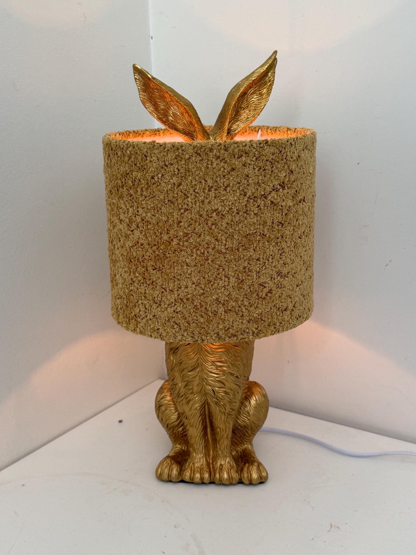 gold Rabbit Table Lamp with Gold Ears, Nursery Decor hare, fluffy hood