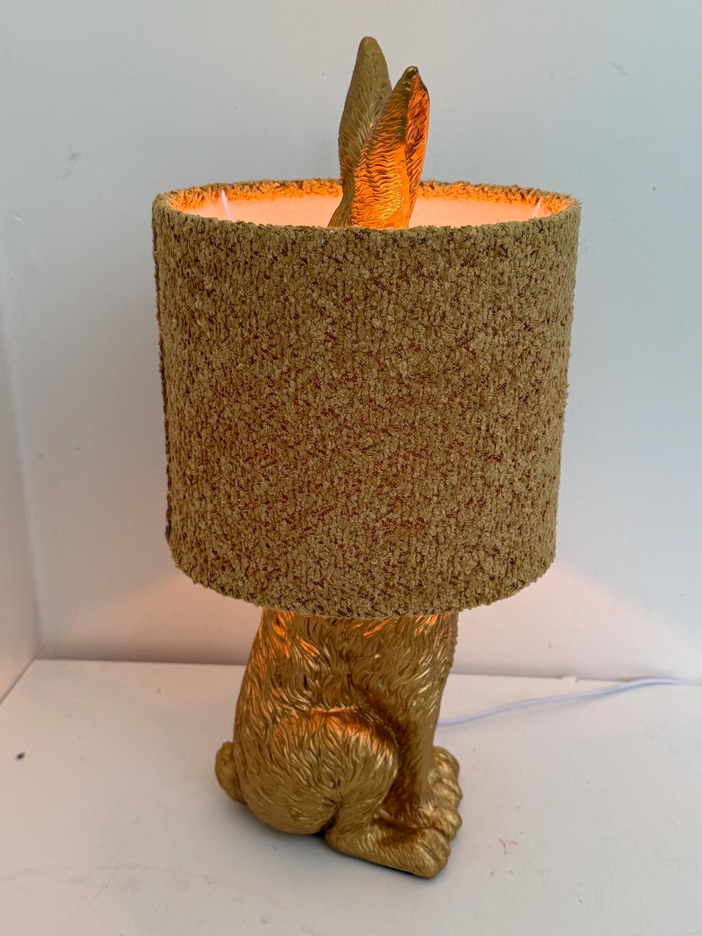gold Rabbit Table Lamp with Gold Ears, Nursery Decor hare, fluffy hood