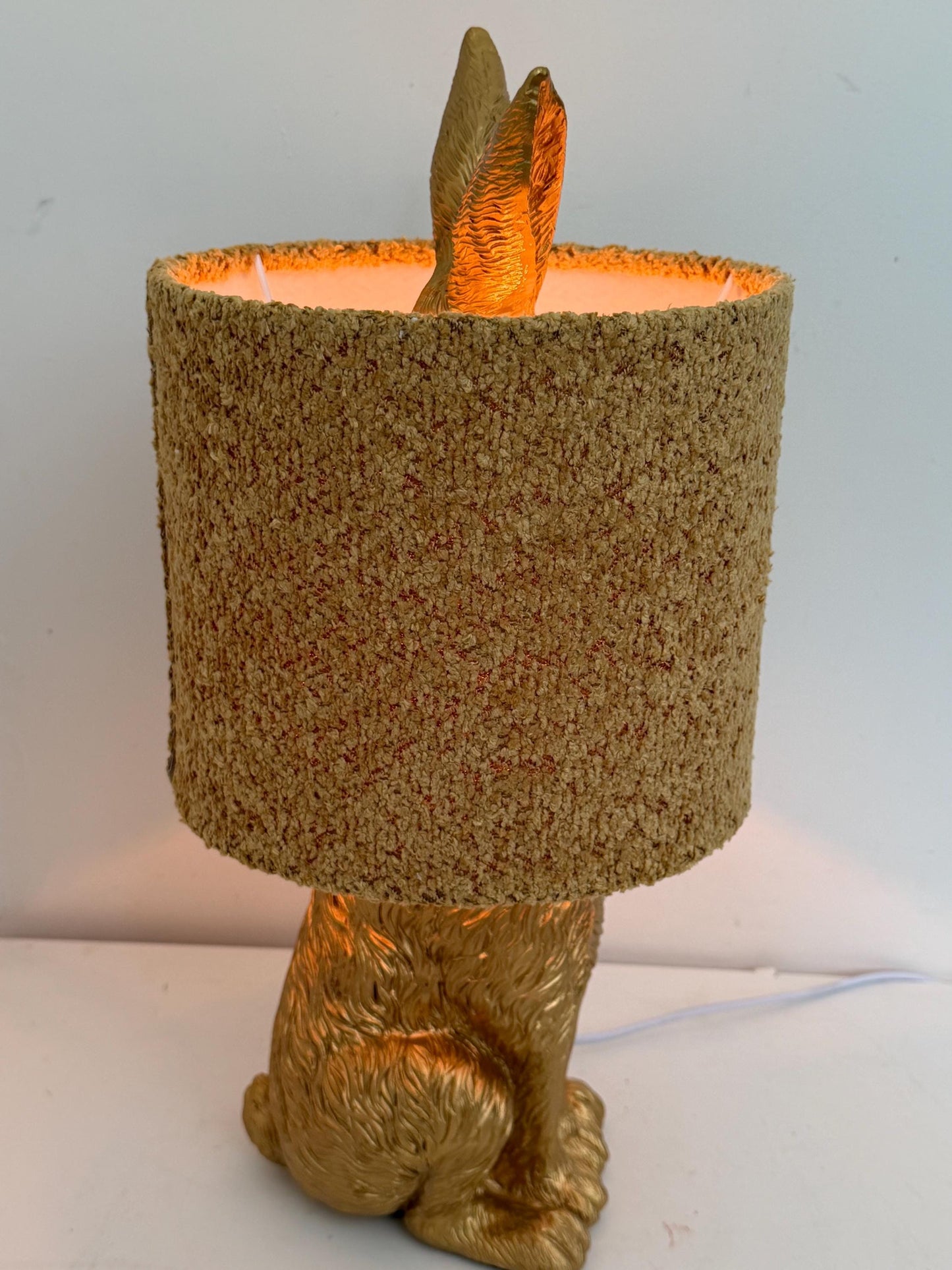 gold Rabbit Table Lamp with Gold Ears, Nursery Decor hare, fluffy hood