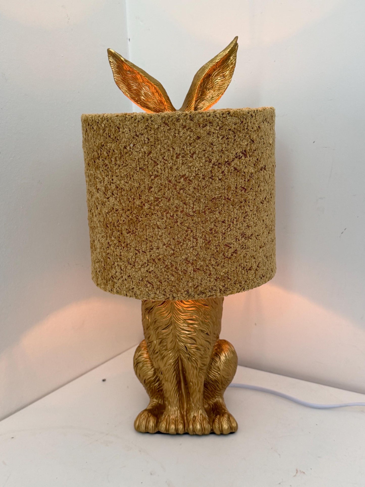 gold Rabbit Table Lamp with Gold Ears, Nursery Decor hare, fluffy hood
