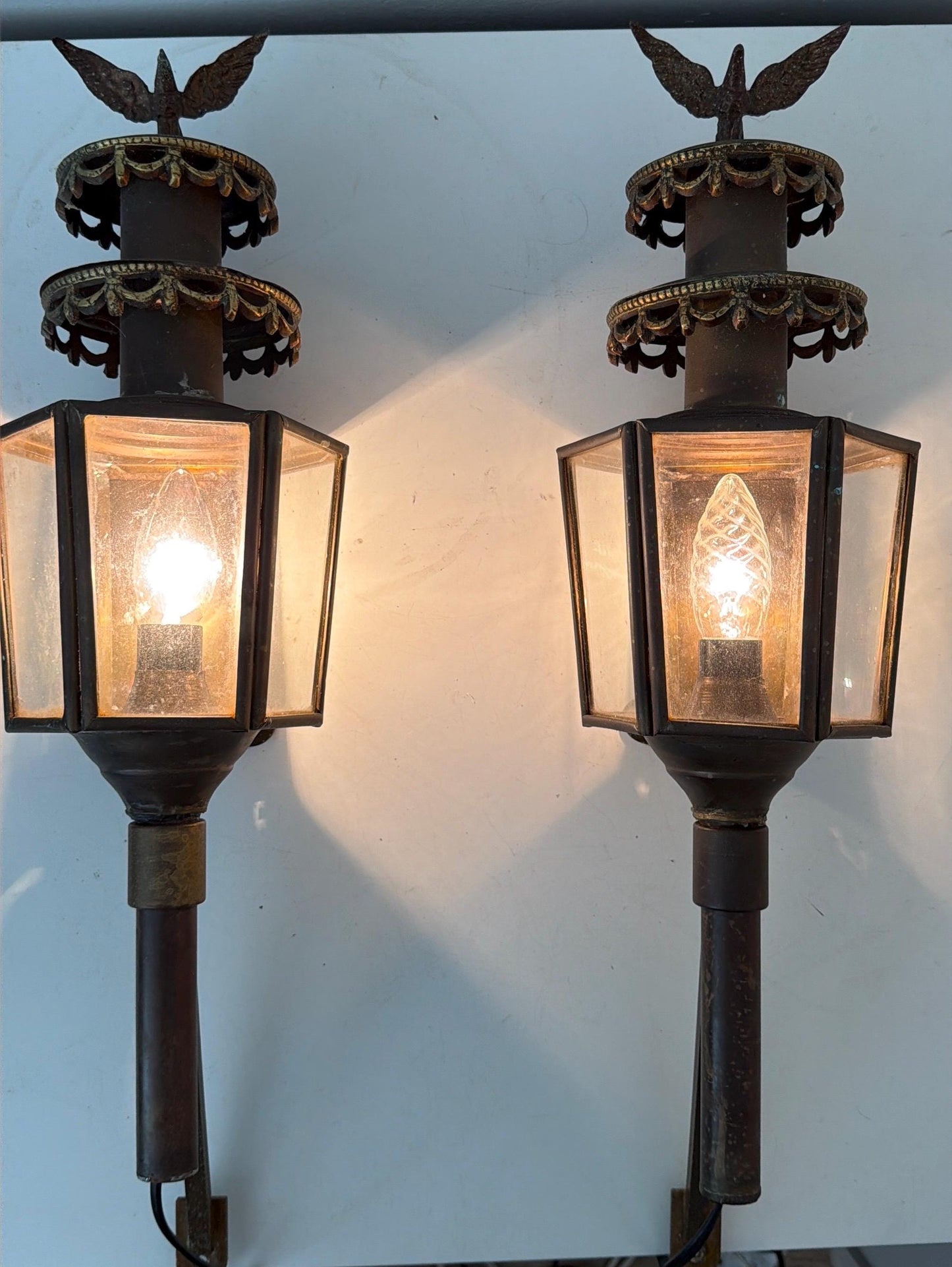 Pair of Antique English Copper Coach Lanterns wall electrical