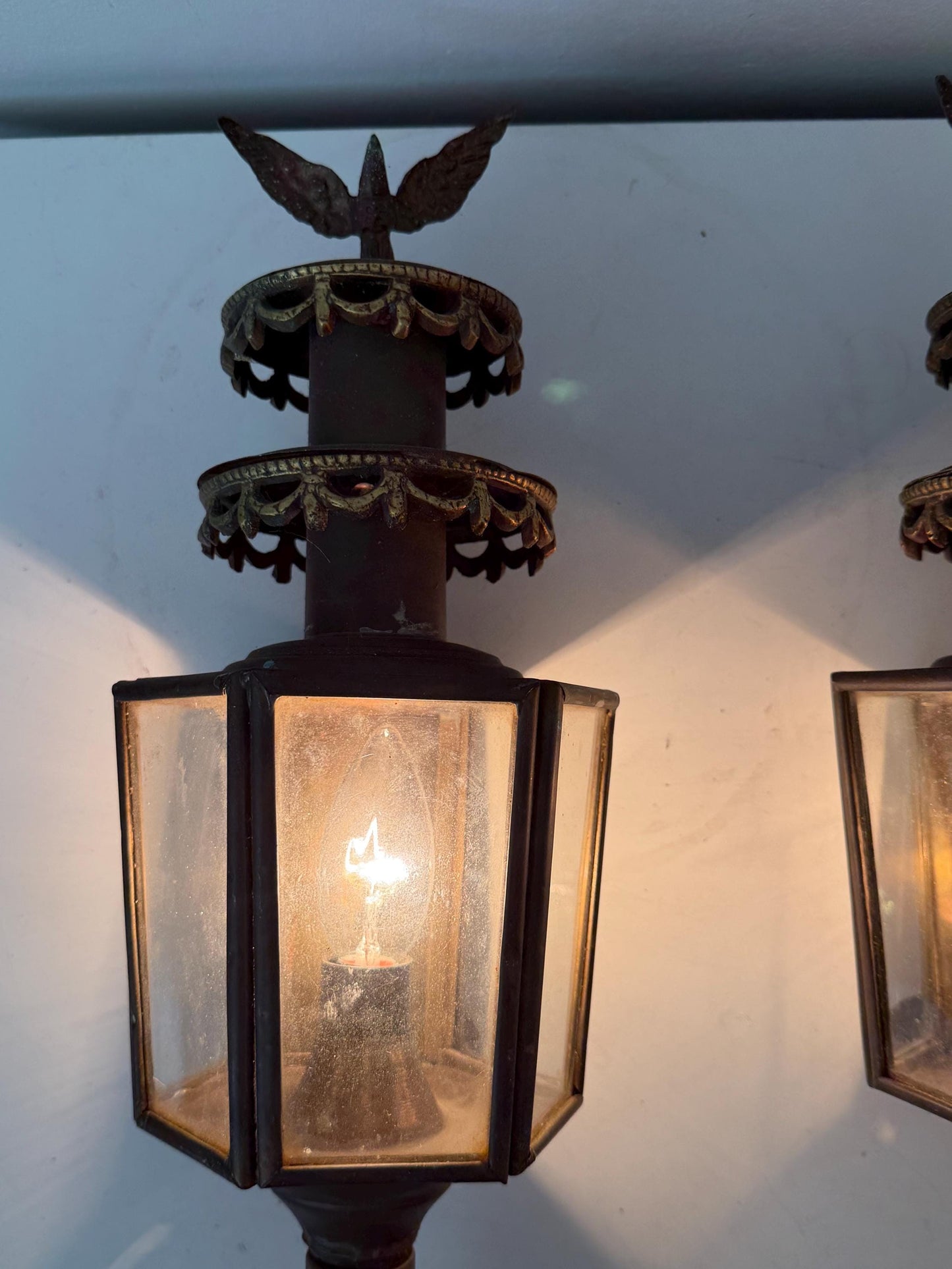 Pair of Antique English Copper Coach Lanterns wall electrical