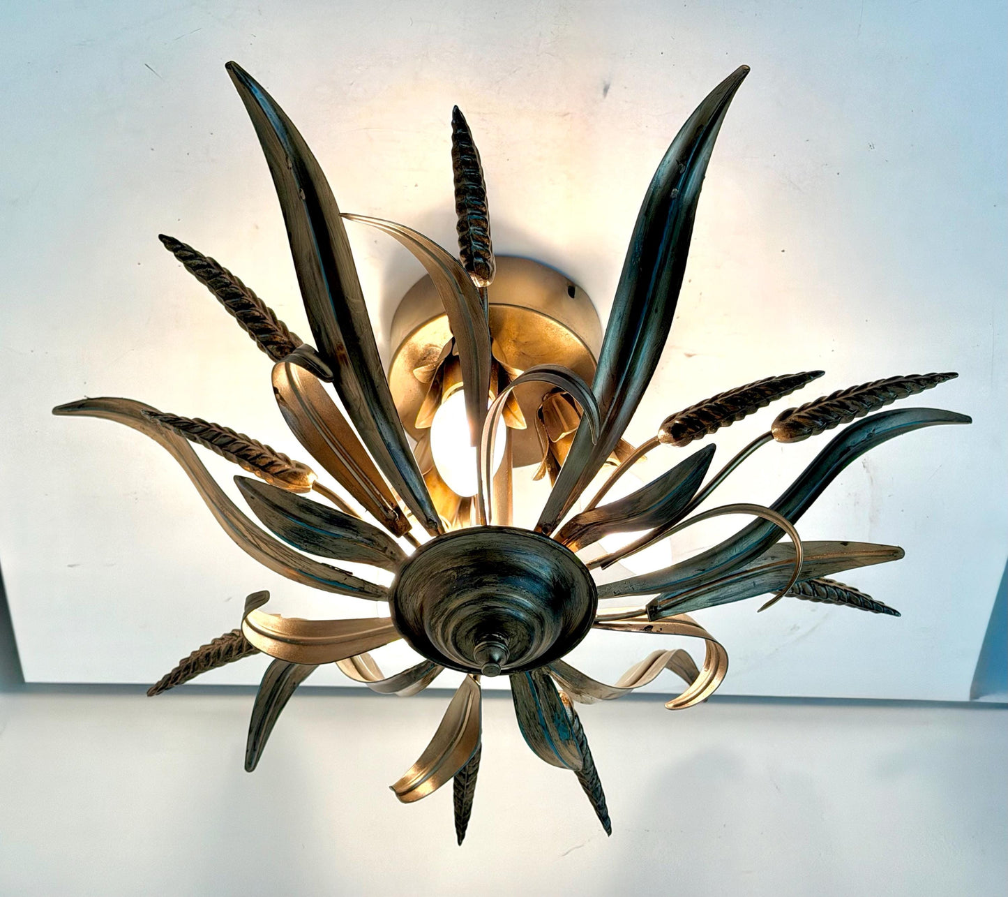 Gold Gilt ear of Corn Lustre Ceiling Chandelier, Hollywood Regency