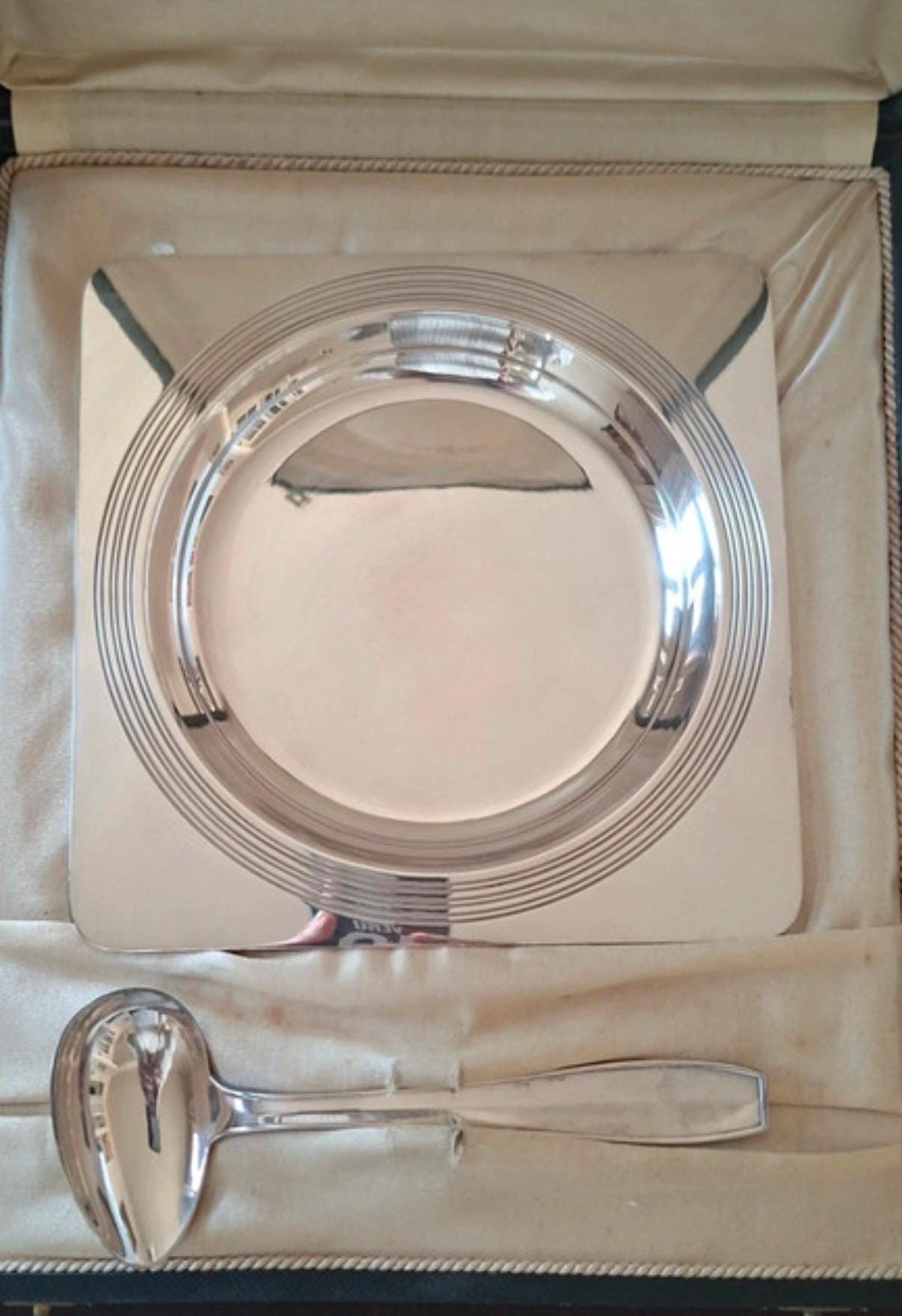 Vintage Christofle Silver Plated Baby Bowl and Spoon Set Original Presentation Box France Christening shower Gift nursery