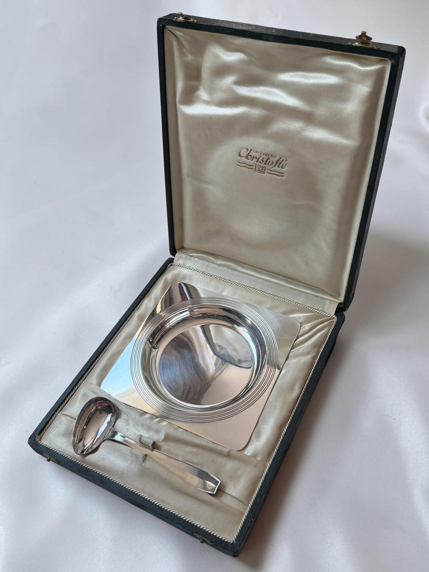Vintage Christofle Silver Plated Baby Bowl and Spoon Set Original Presentation Box France Christening shower Gift nursery