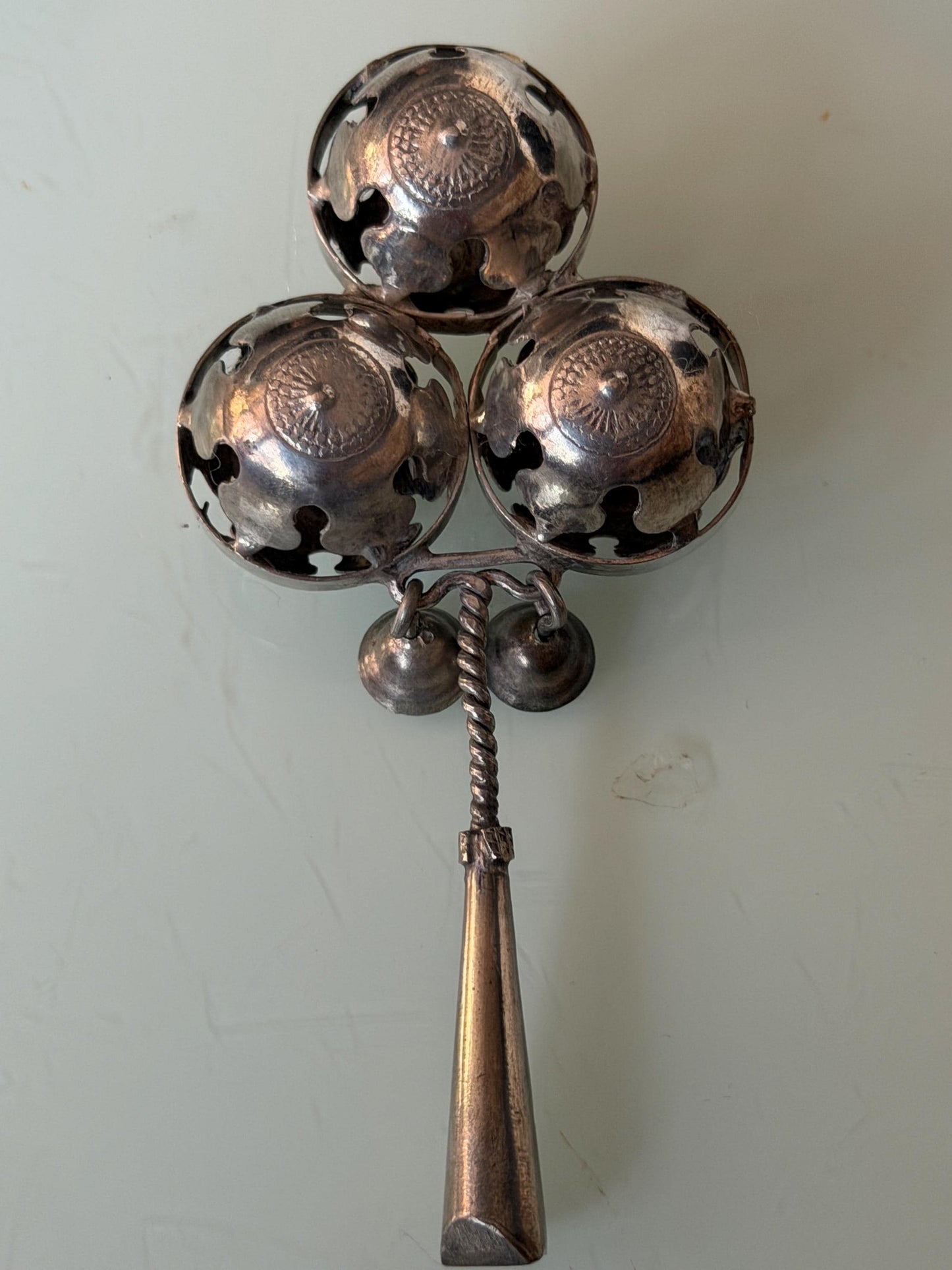 Antique European Silver Baby Rattle Three Bells 19th Century baby Toy nursey child shower gift