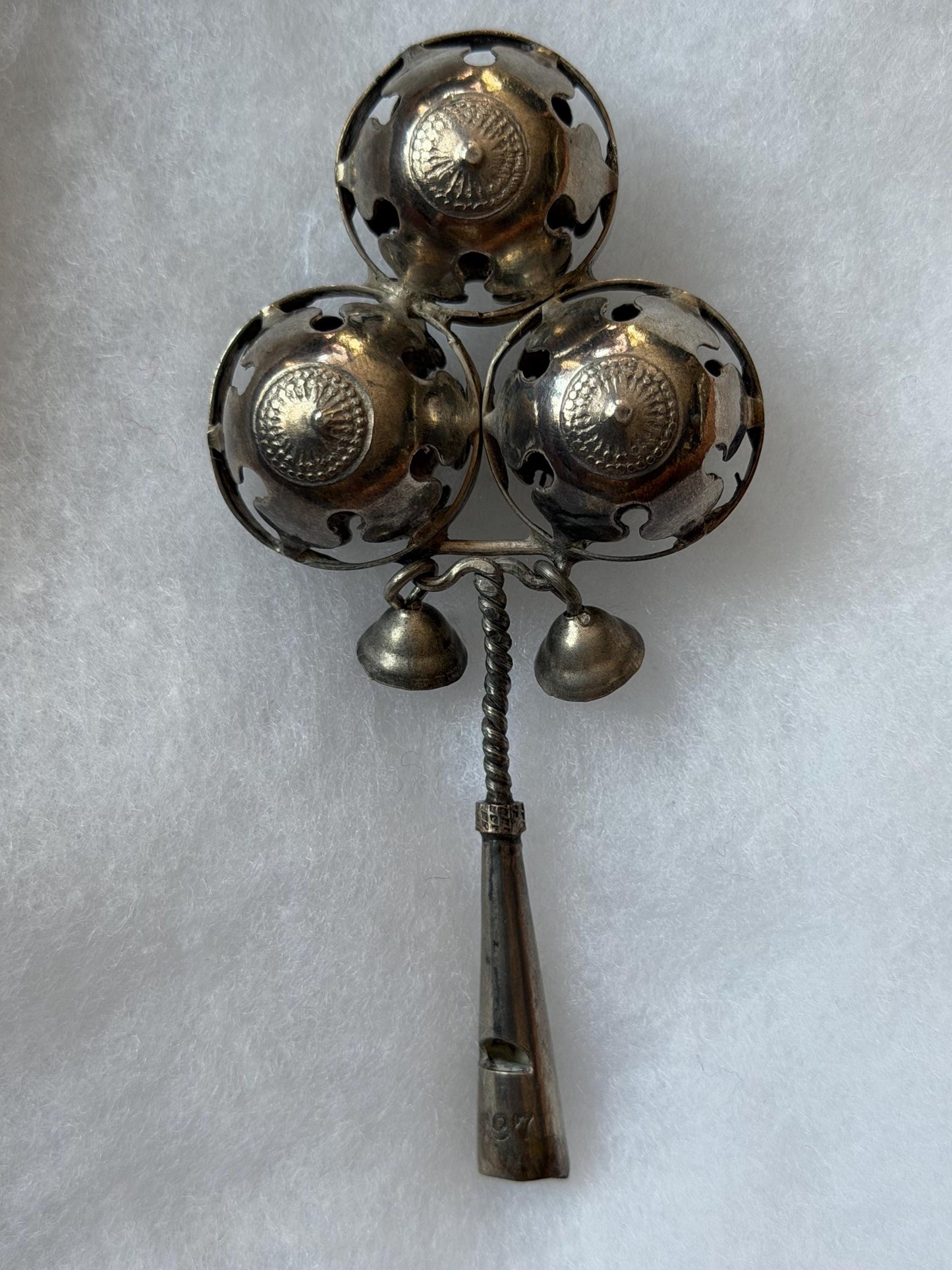 Antique European Silver Baby Rattle Three Bells 19th Century baby Toy nursey child shower gift