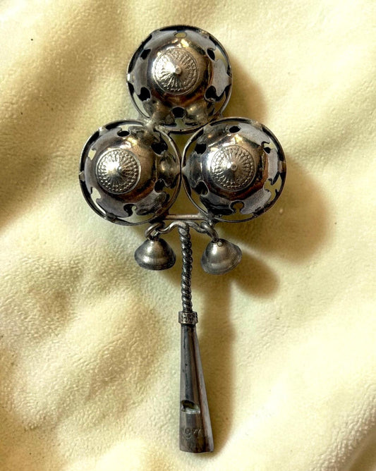 Antique European Silver Baby Rattle Three Bells 19th Century baby Toy nursey child shower gift