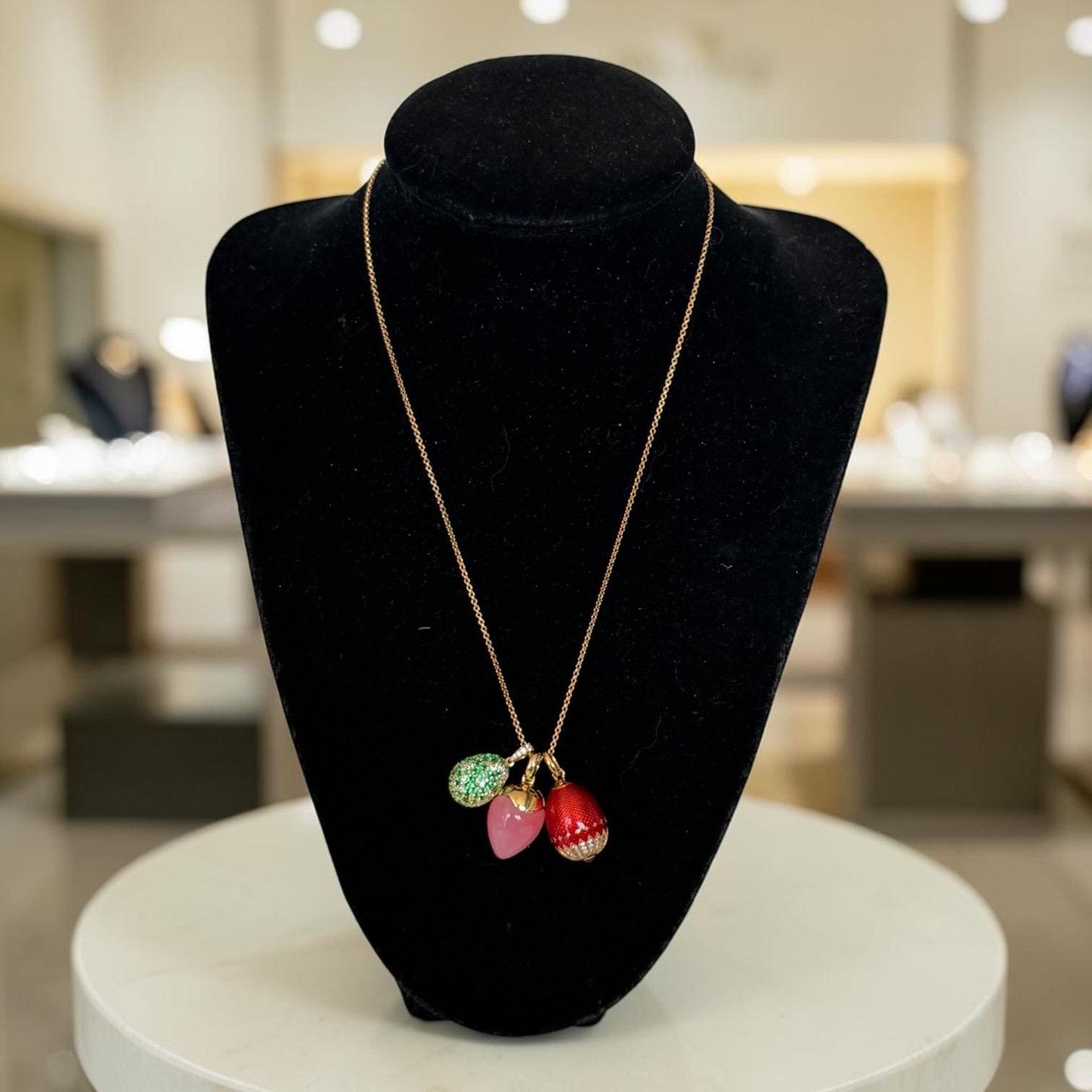 FABERGE Sterling Silver Rose Gold Charm necklace with 3 pendants, Fabergé