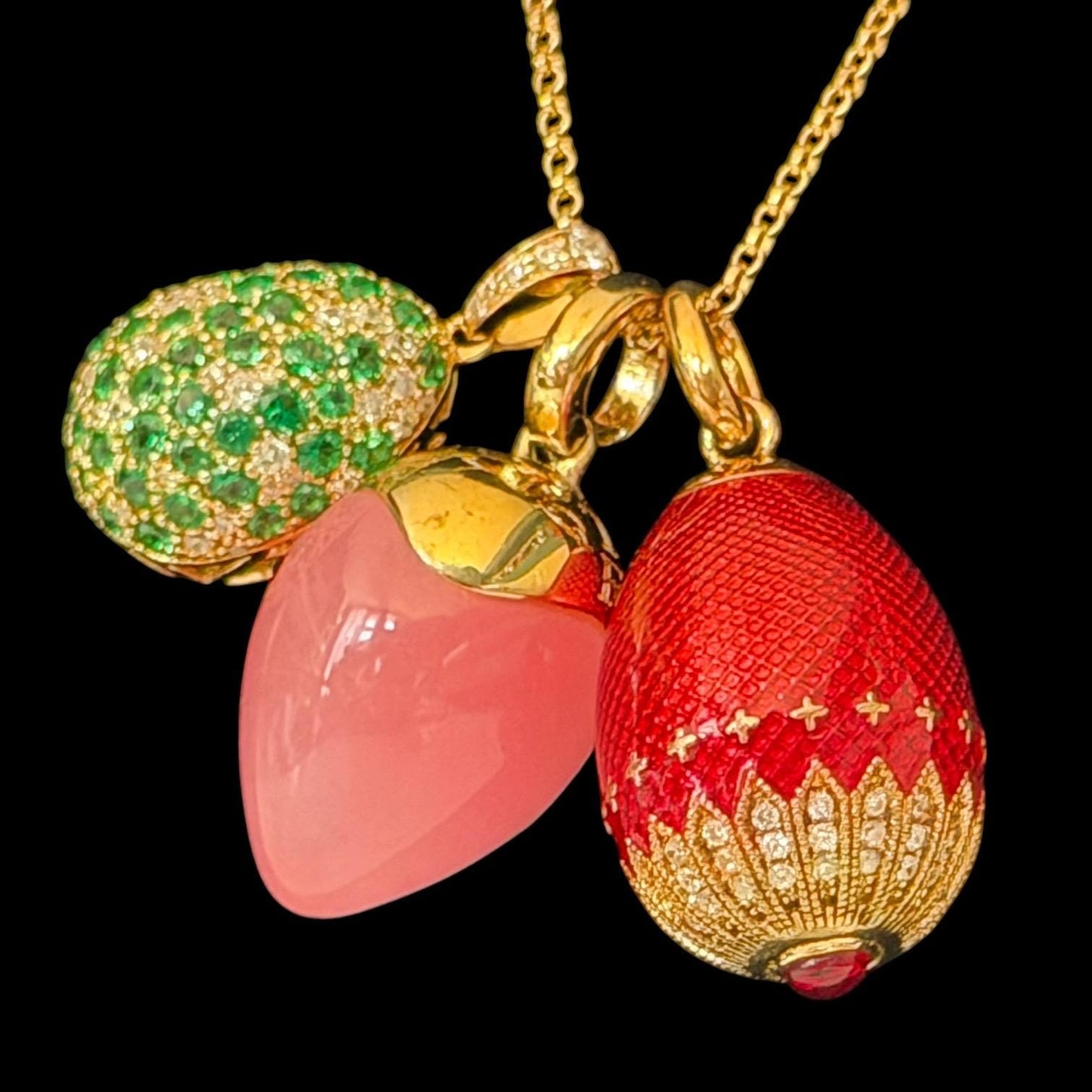 FABERGE Sterling Silver Rose Gold Charm necklace with 3 pendants, Fabergé