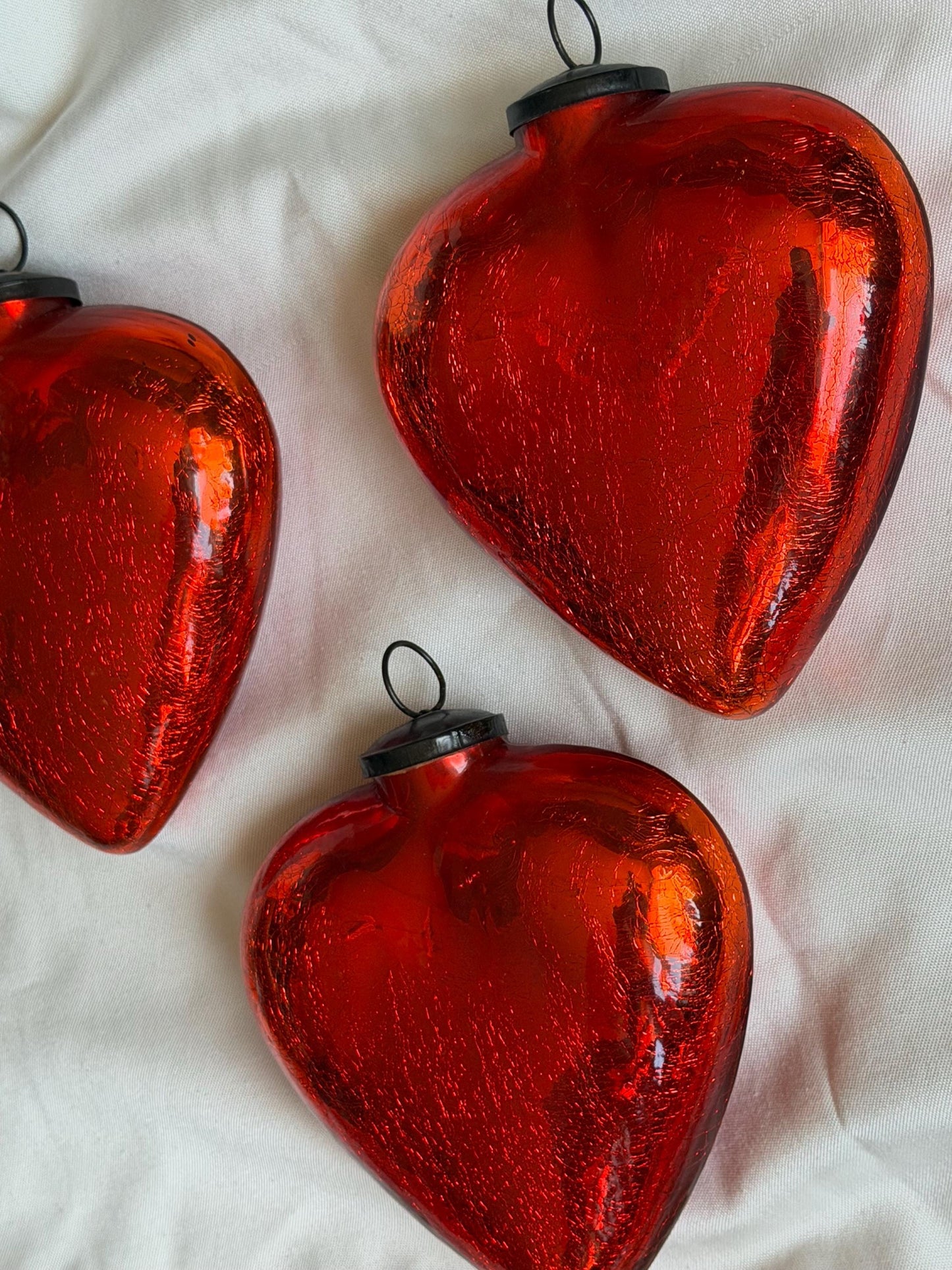 Antique xl  red heart Glass Christmas Baubles, Set of 3 large vintage Ornaments ‘grande bola del vidro’ romantic,  20 cm, christmas love