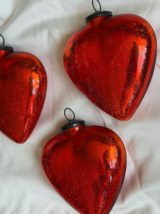 Antique xl  red heart Glass Christmas Baubles, Set of 3 large vintage Ornaments ‘grande bola del vidro’ romantic,  20 cm, christmas love