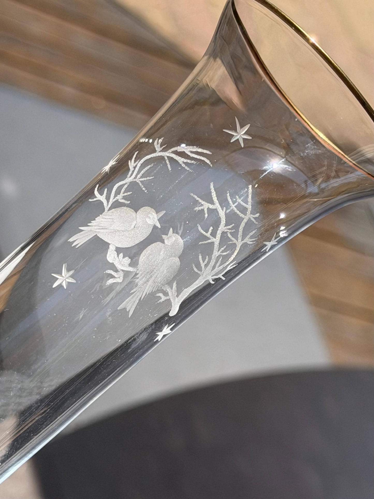 nason moretti  Murano Glass Champagne Flute, Hand Engraved, Rare, christmas birds peace