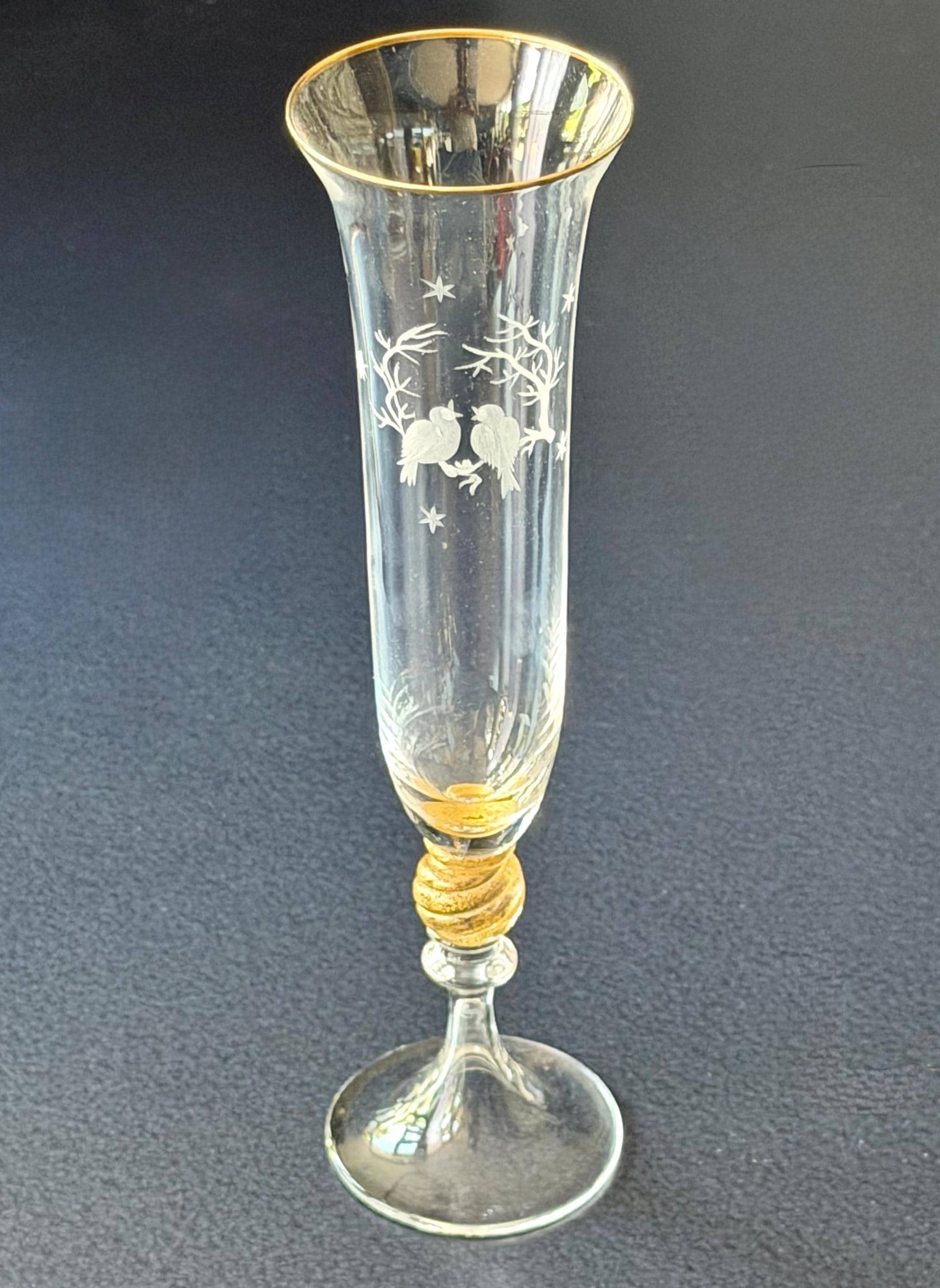 nason moretti  Murano Glass Champagne Flute, Hand Engraved, Rare, christmas birds peace