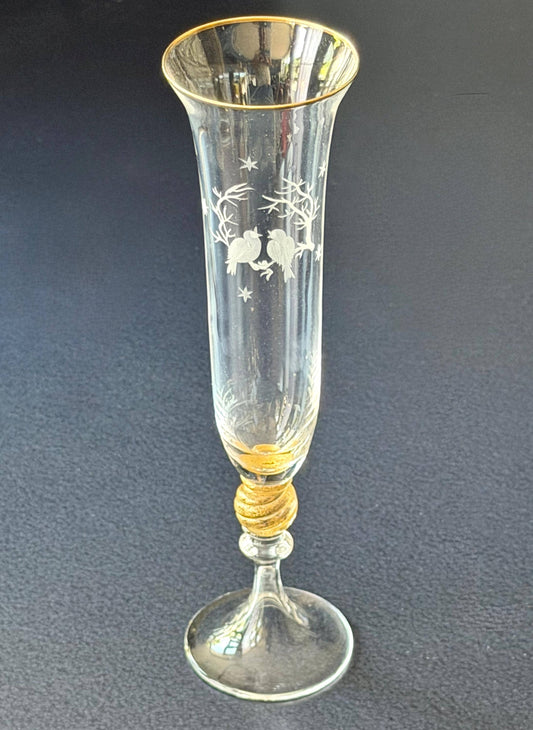nason moretti  Murano Glass Champagne Flute, Hand Engraved, Rare, christmas birds peace
