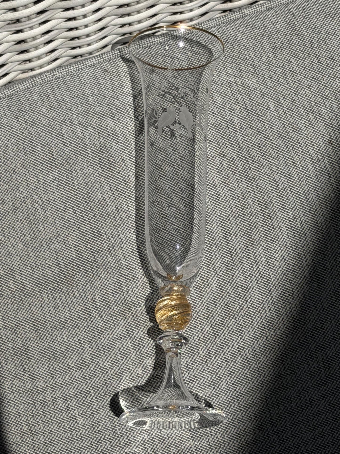 nason moretti  Murano Glass Champagne Flute, Hand Engraved, Rare, christmas birds peace