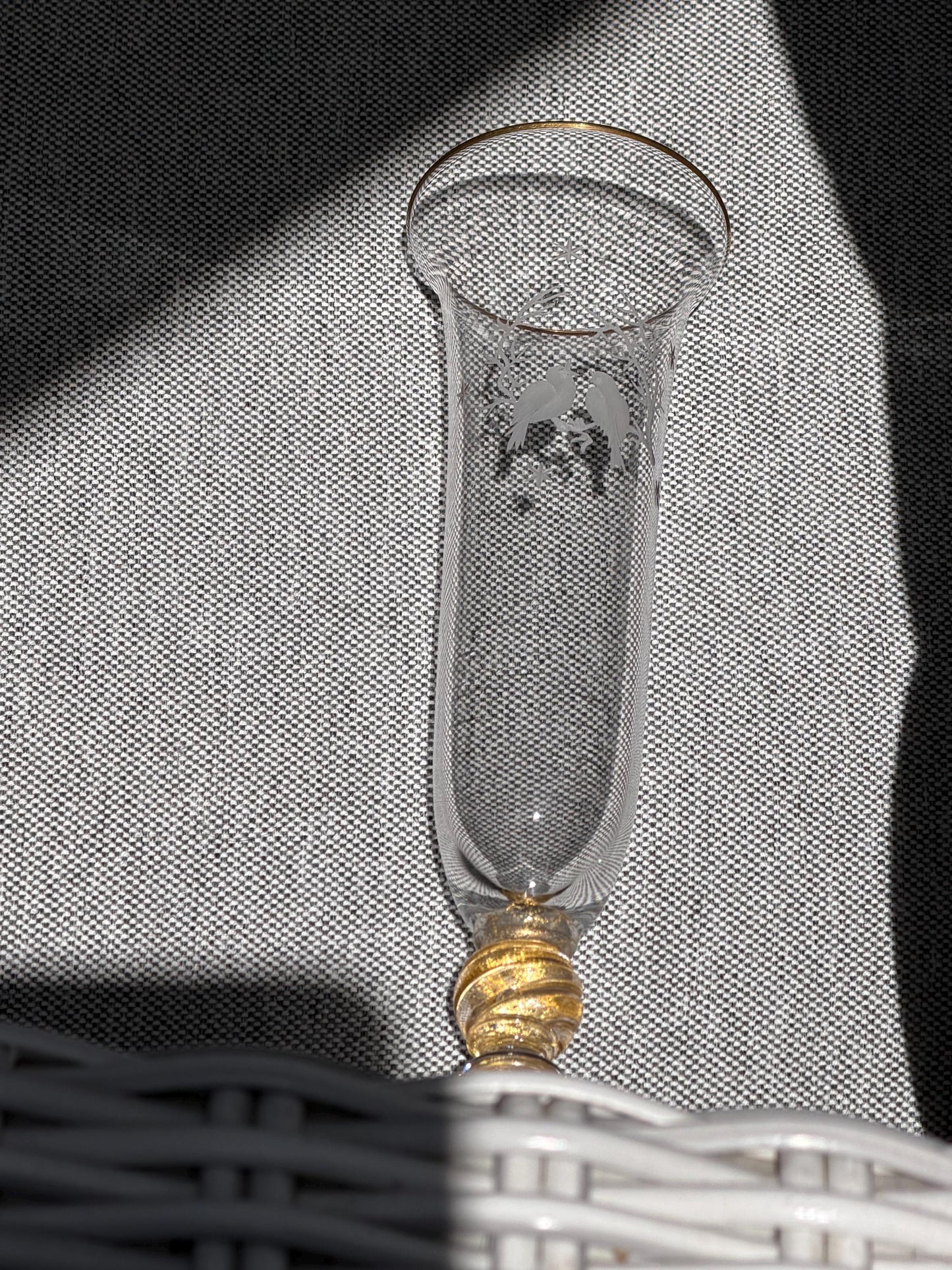 nason moretti  Murano Glass Champagne Flute, Hand Engraved, Rare, christmas birds peace