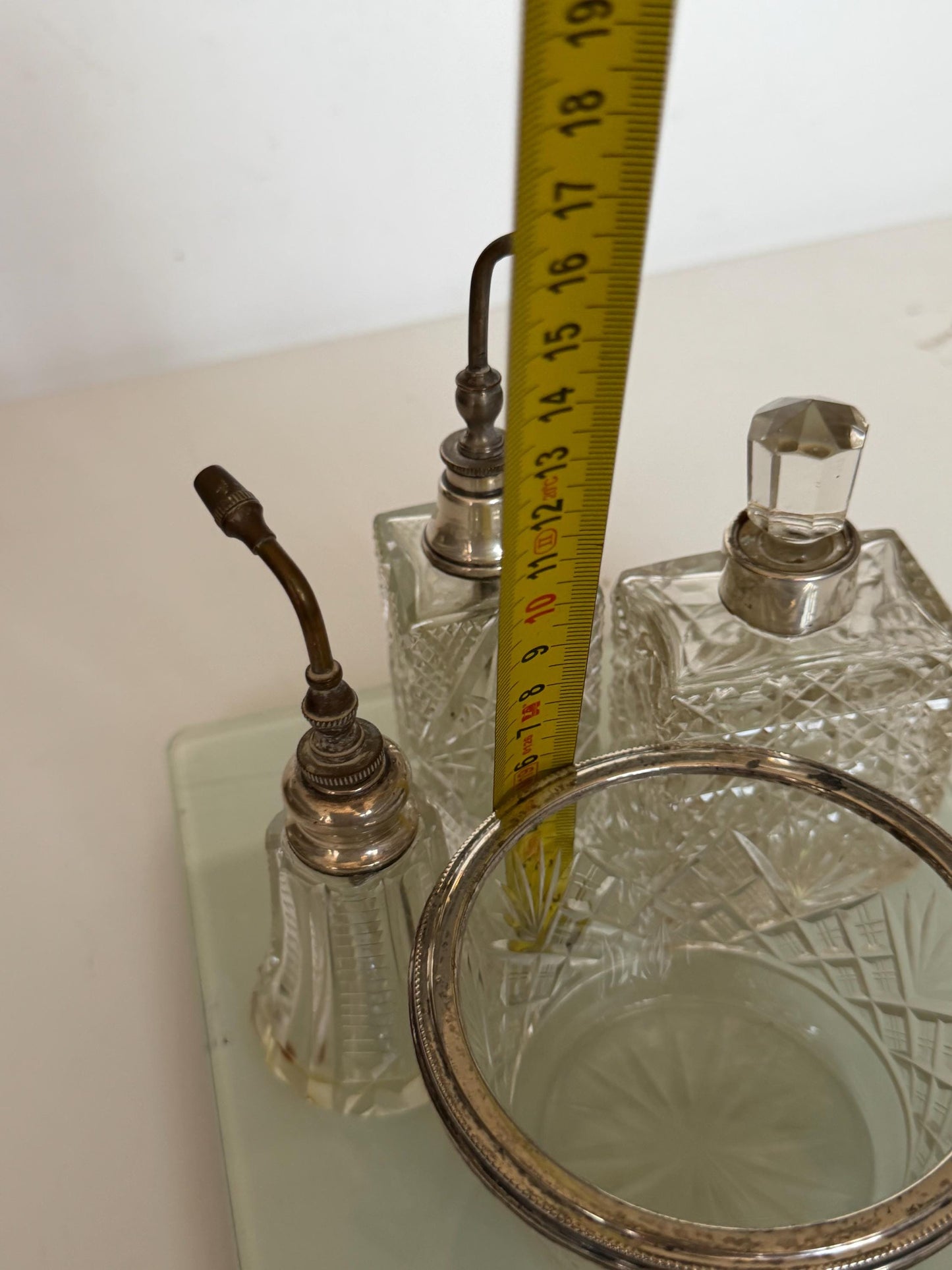 Antique Sterling Silver Crystal Vanity Set Edwardian Perfume Bottles atomizer Cut Glass Dressing Table Set