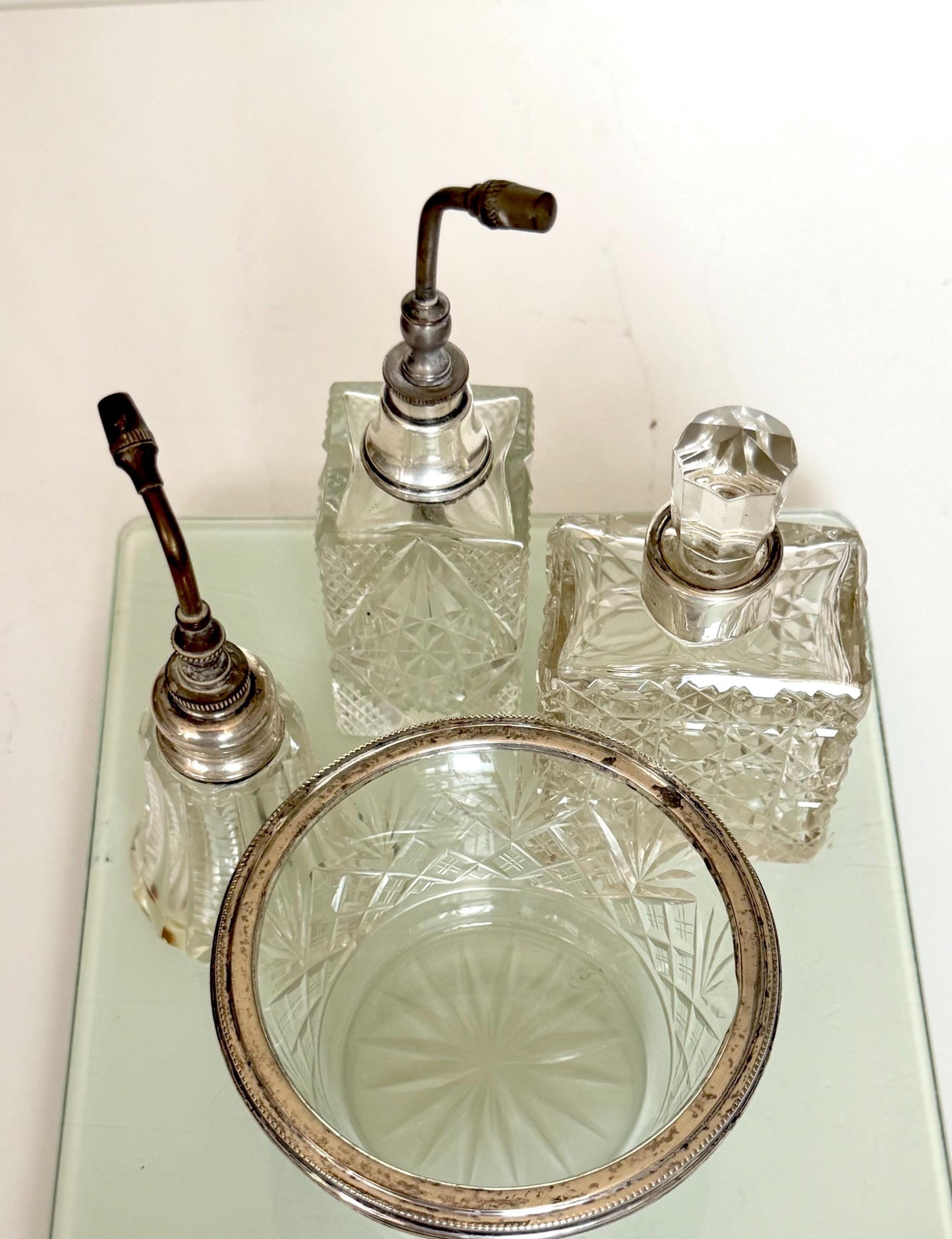 Antique Sterling Silver Crystal Vanity Set Edwardian Perfume Bottles atomizer Cut Glass Dressing Table Set