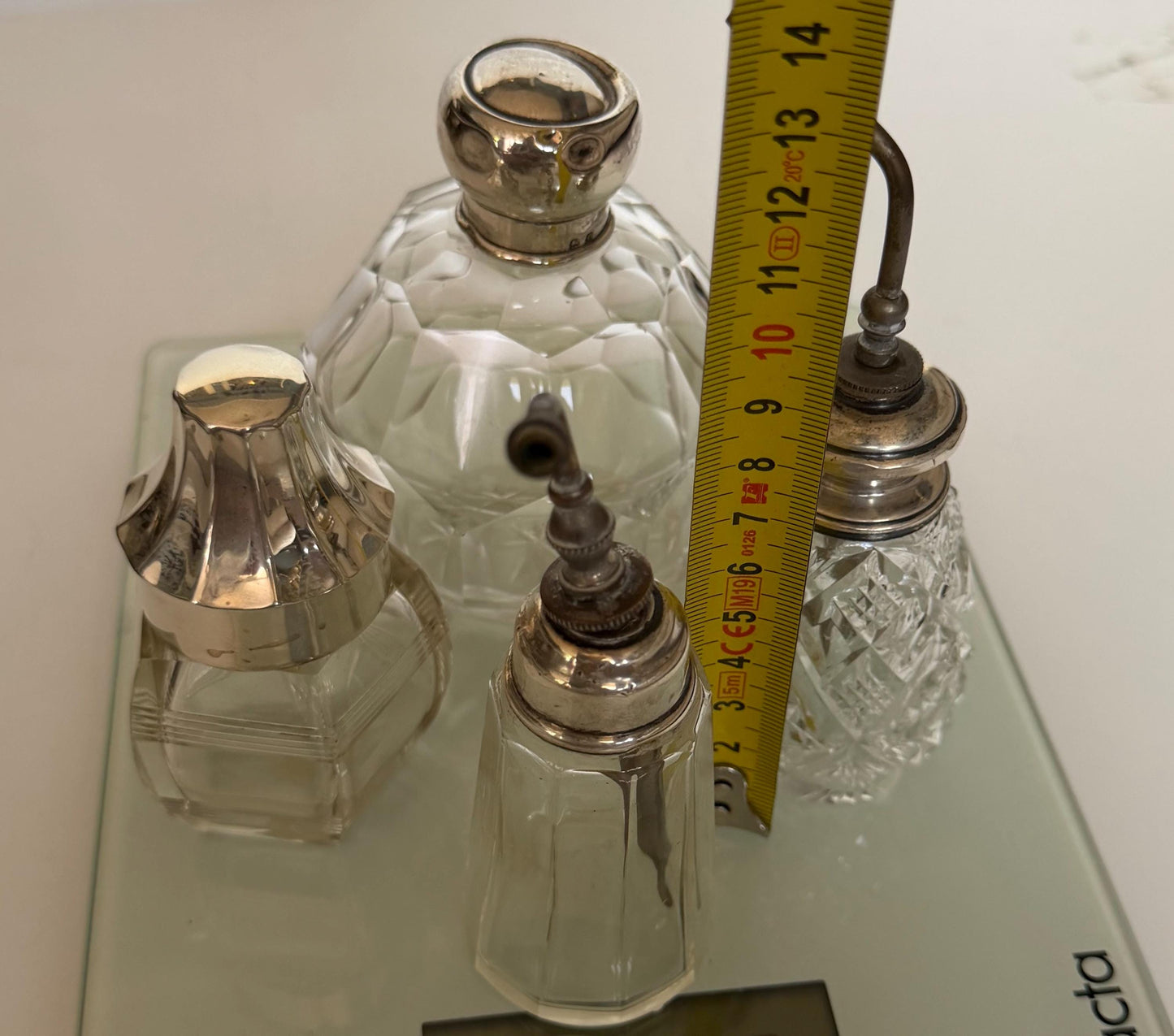 Antique Sterling Silver Crystal Vanity Set Edwardian Perfume Bottles atomizer Cut Glass Dressing Table Set