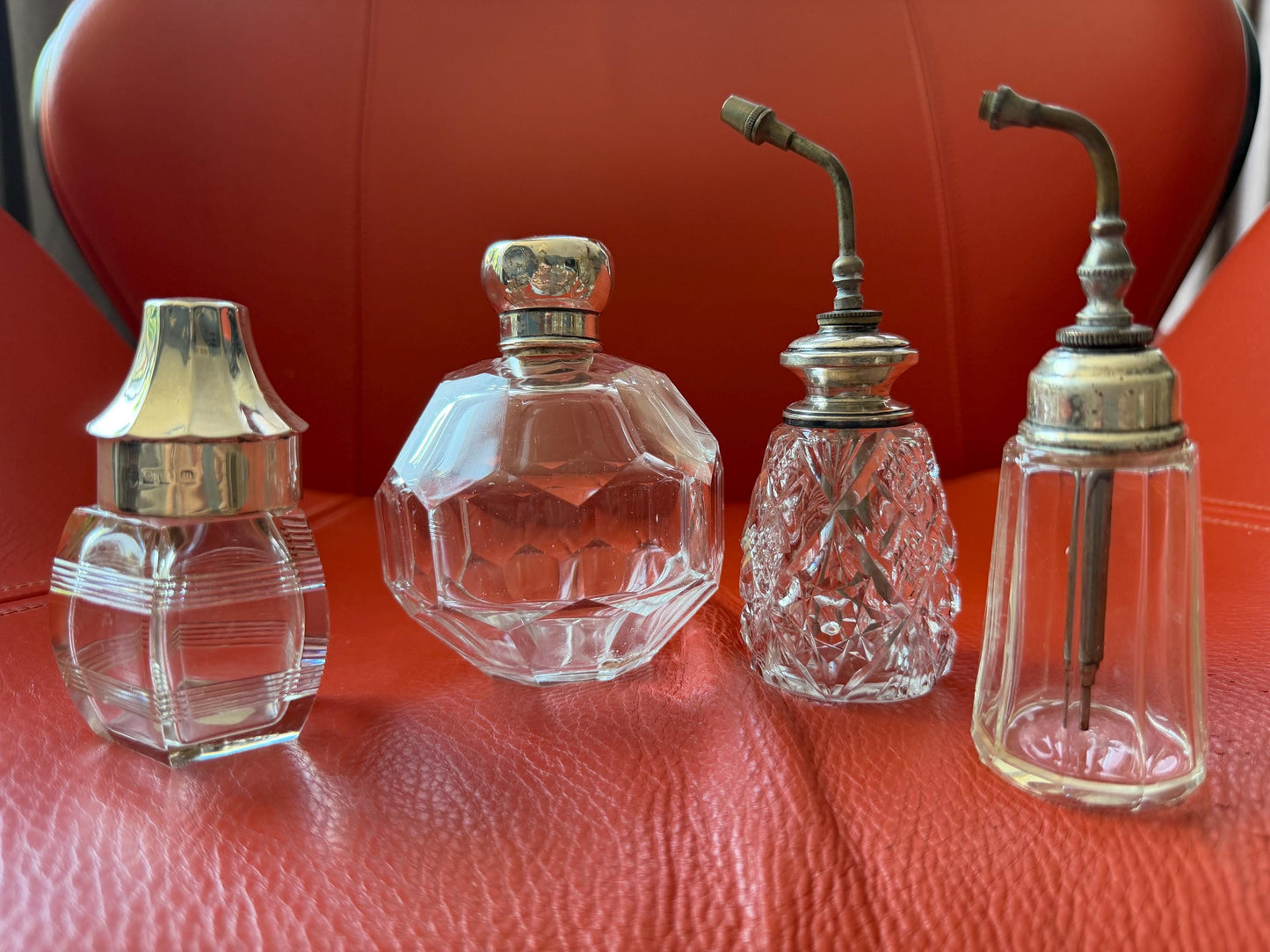 Antique Sterling Silver Crystal Vanity Set Edwardian Perfume Bottles atomizer Cut Glass Dressing Table Set