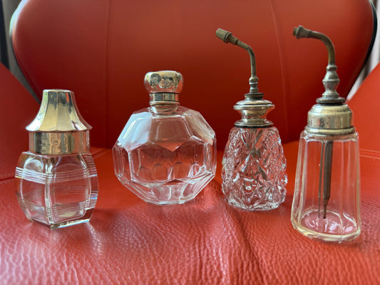 Antique Sterling Silver Crystal Vanity Set Edwardian Perfume Bottles atomizer Cut Glass Dressing Table Set