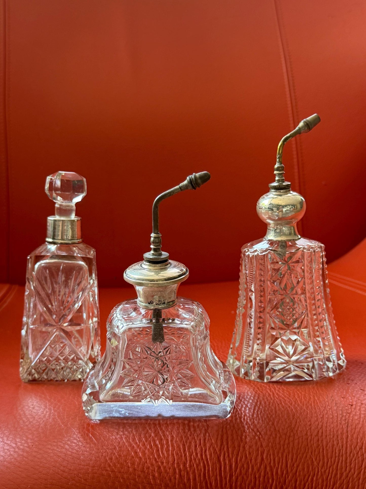 Antique Sterling Silver Crystal Vanity Set Edwardian Perfume Bottles atomizer Cut Glass Dressing Table Set