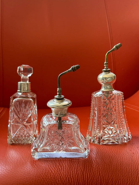 Antique Sterling Silver Crystal Vanity Set Edwardian Perfume Bottles atomizer Cut Glass Dressing Table Set