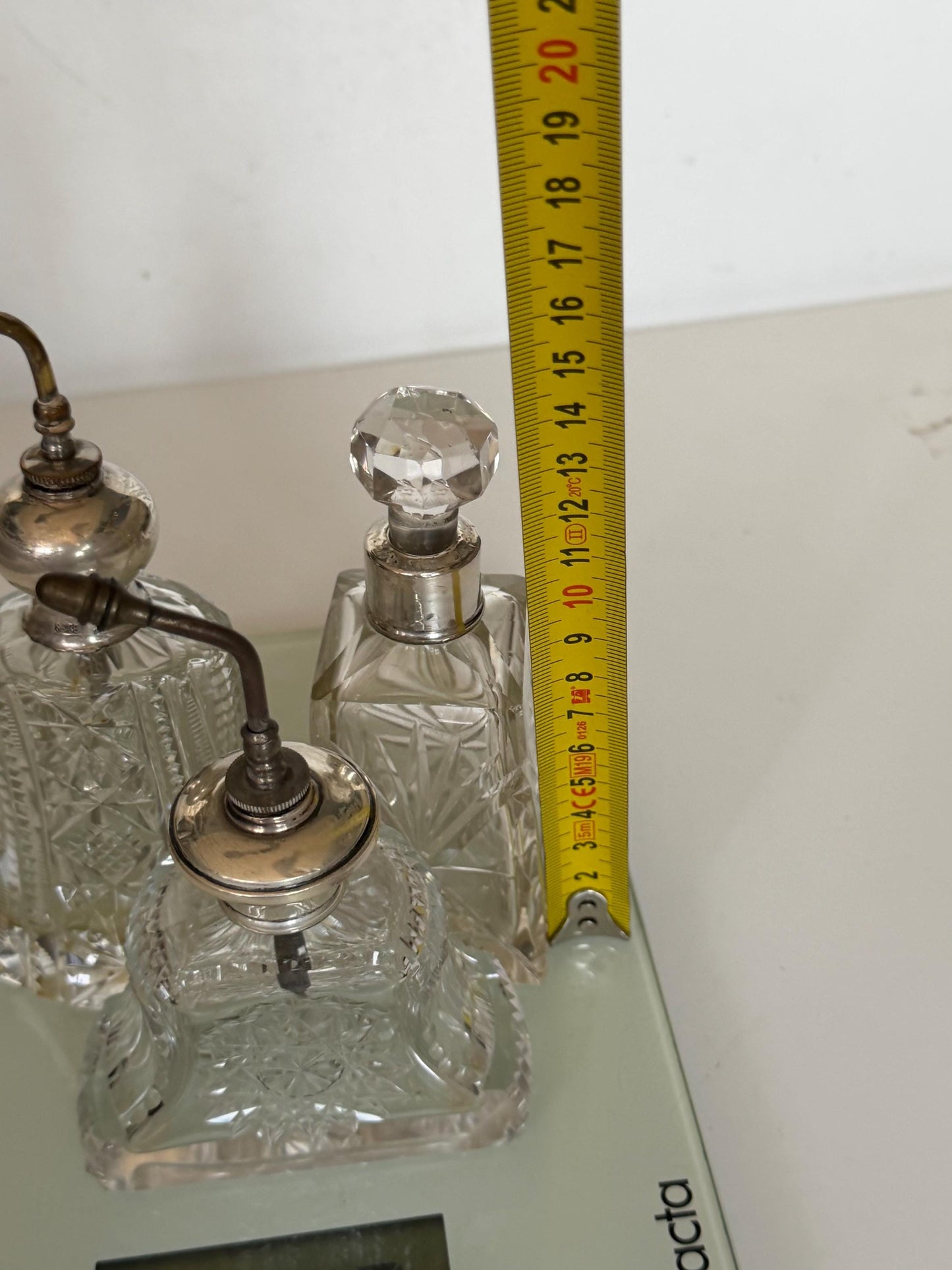 Antique Sterling Silver Crystal Vanity Set Edwardian Perfume Bottles atomizer Cut Glass Dressing Table Set