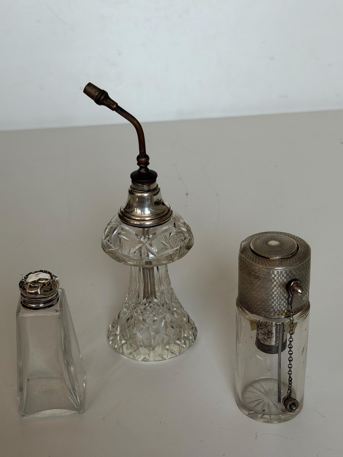 Antique Sterling Silver Crystal Vanity Set Edwardian Perfume Bottles atomizer Cut Glass Dressing Table Set