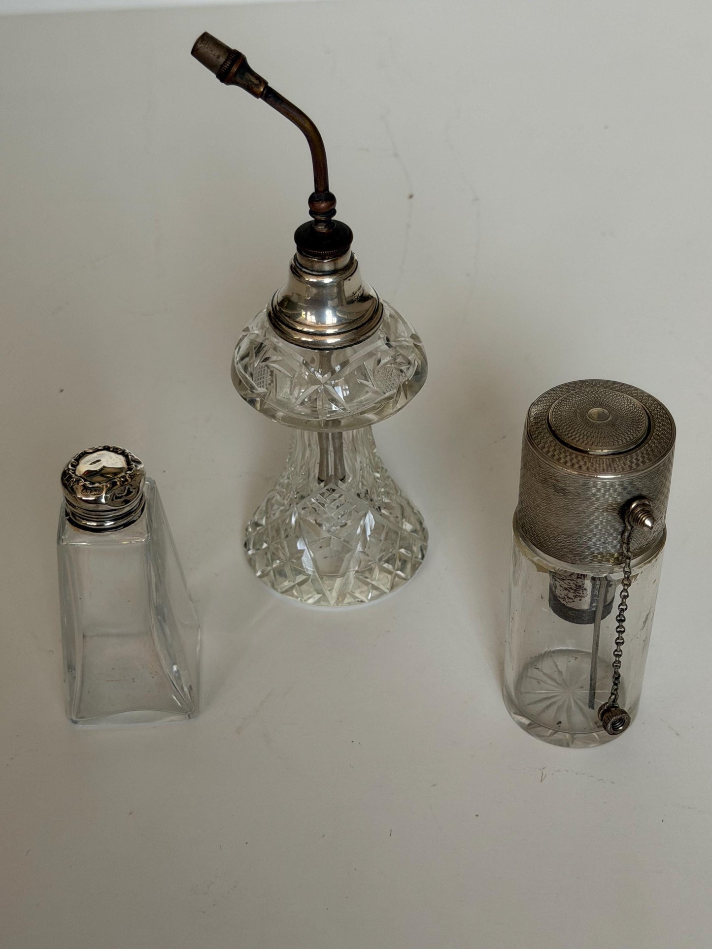 Antique Sterling Silver Crystal Vanity Set Edwardian Perfume Bottles atomizer Cut Glass Dressing Table Set