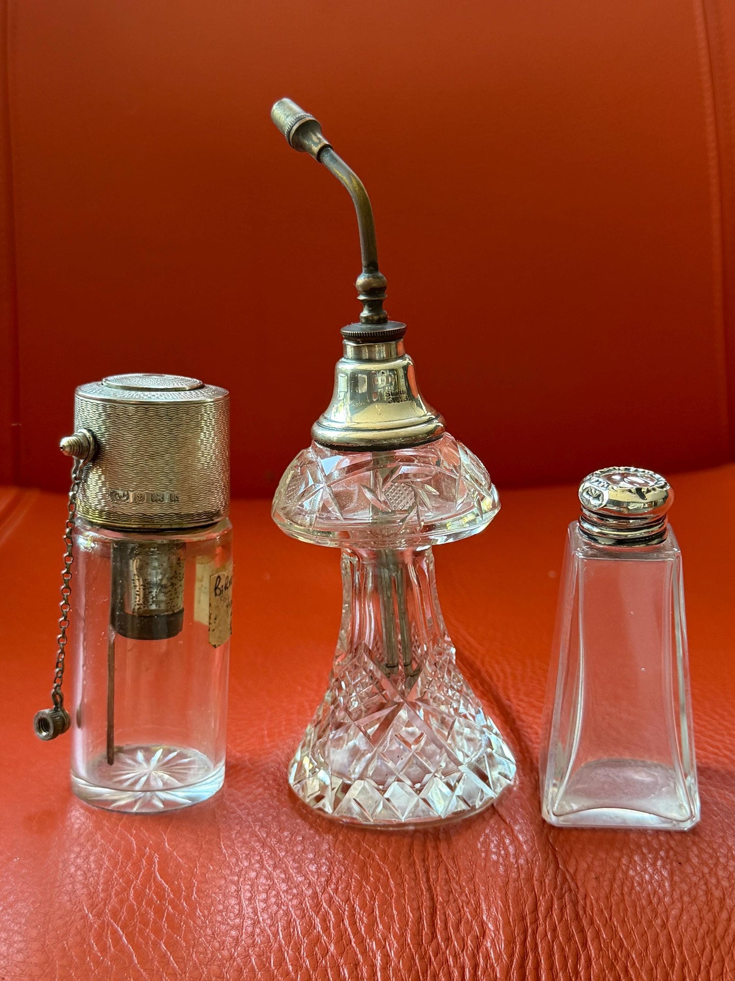 Antique Sterling Silver Crystal Vanity Set Edwardian Perfume Bottles atomizer Cut Glass Dressing Table Set
