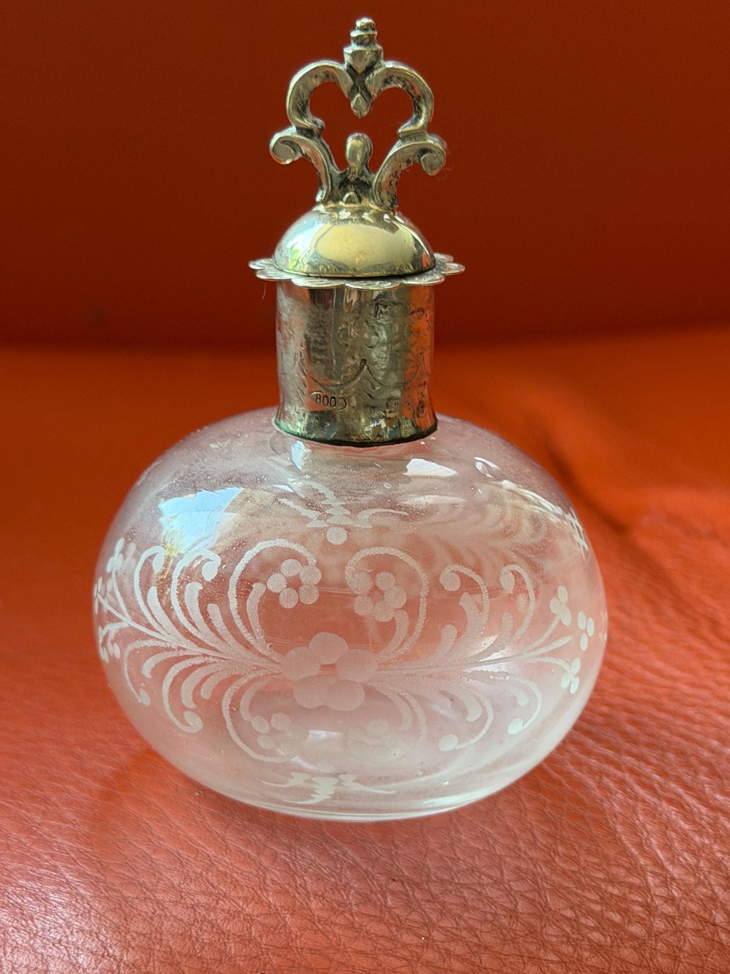 Antique Silver Crystal Edwardian Perfume Bottle engraved Glass Dressing table collectable