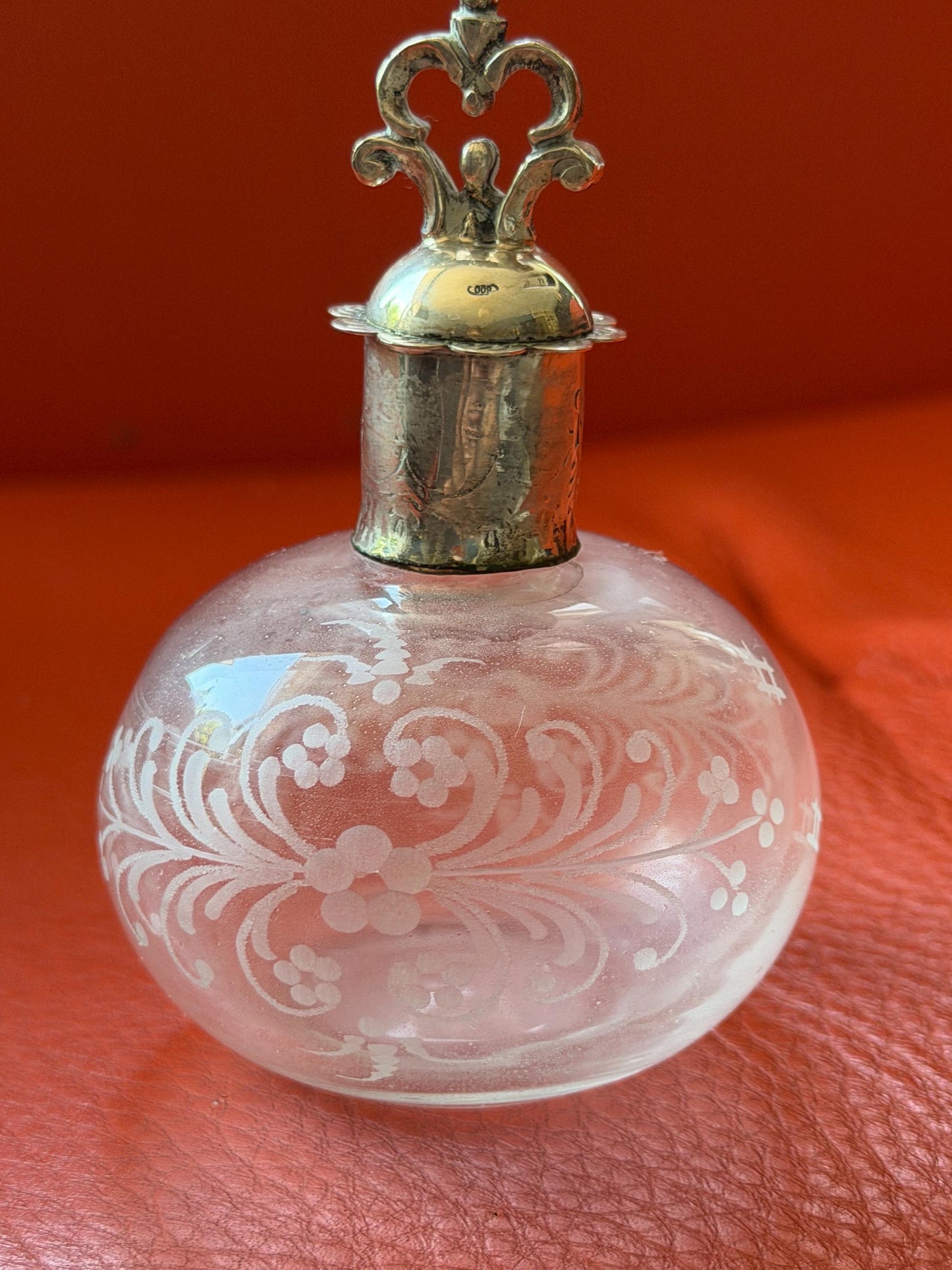 Antique Silver Crystal Edwardian Perfume Bottle engraved Glass Dressing table collectable
