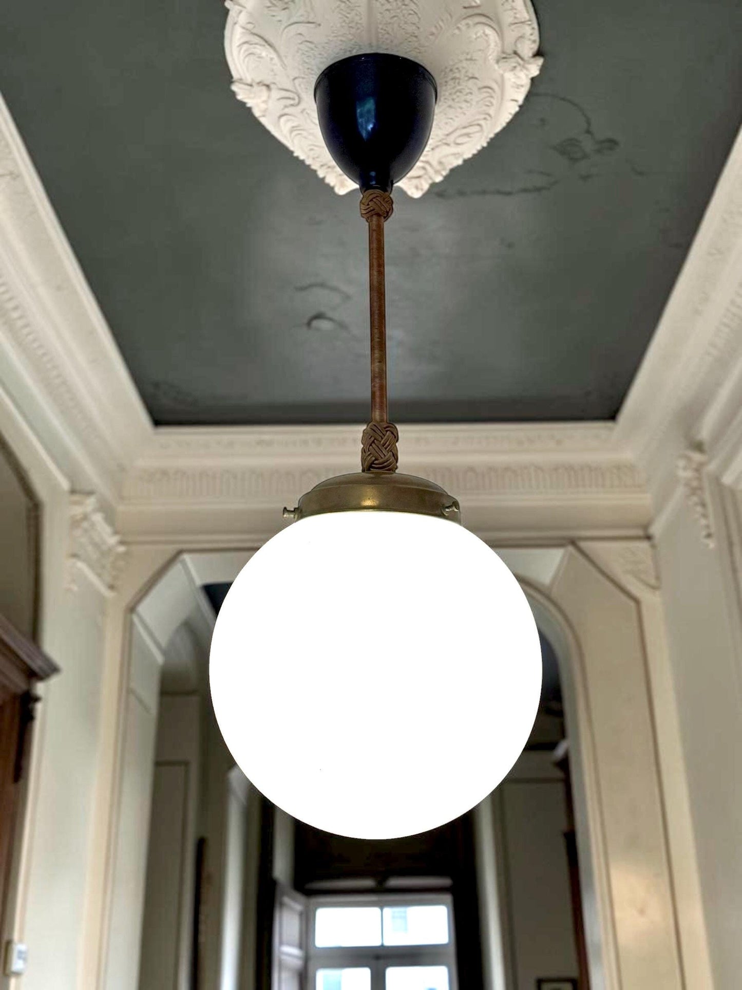 Art deco Amsterdam School Pendant Lamp with Opaline Glass Globe, Netherlands, c. 1920–1930  Ceiling lamp hanging , rope rod