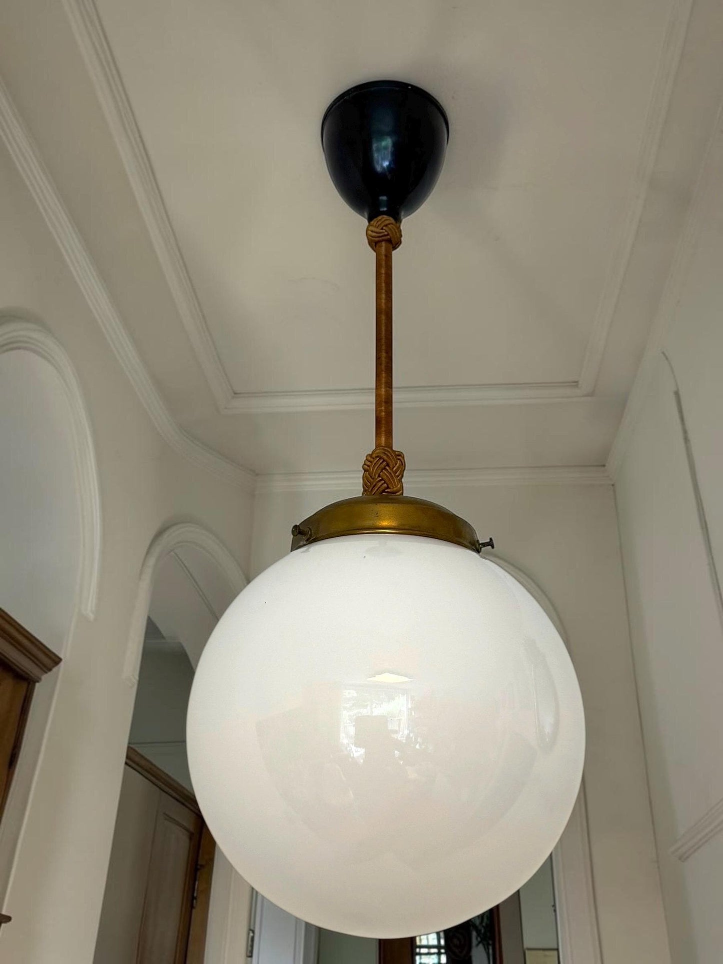 Art deco Amsterdam School Pendant Lamp with Opaline Glass Globe, Netherlands, c. 1920–1930  Ceiling lamp hanging , rope rod